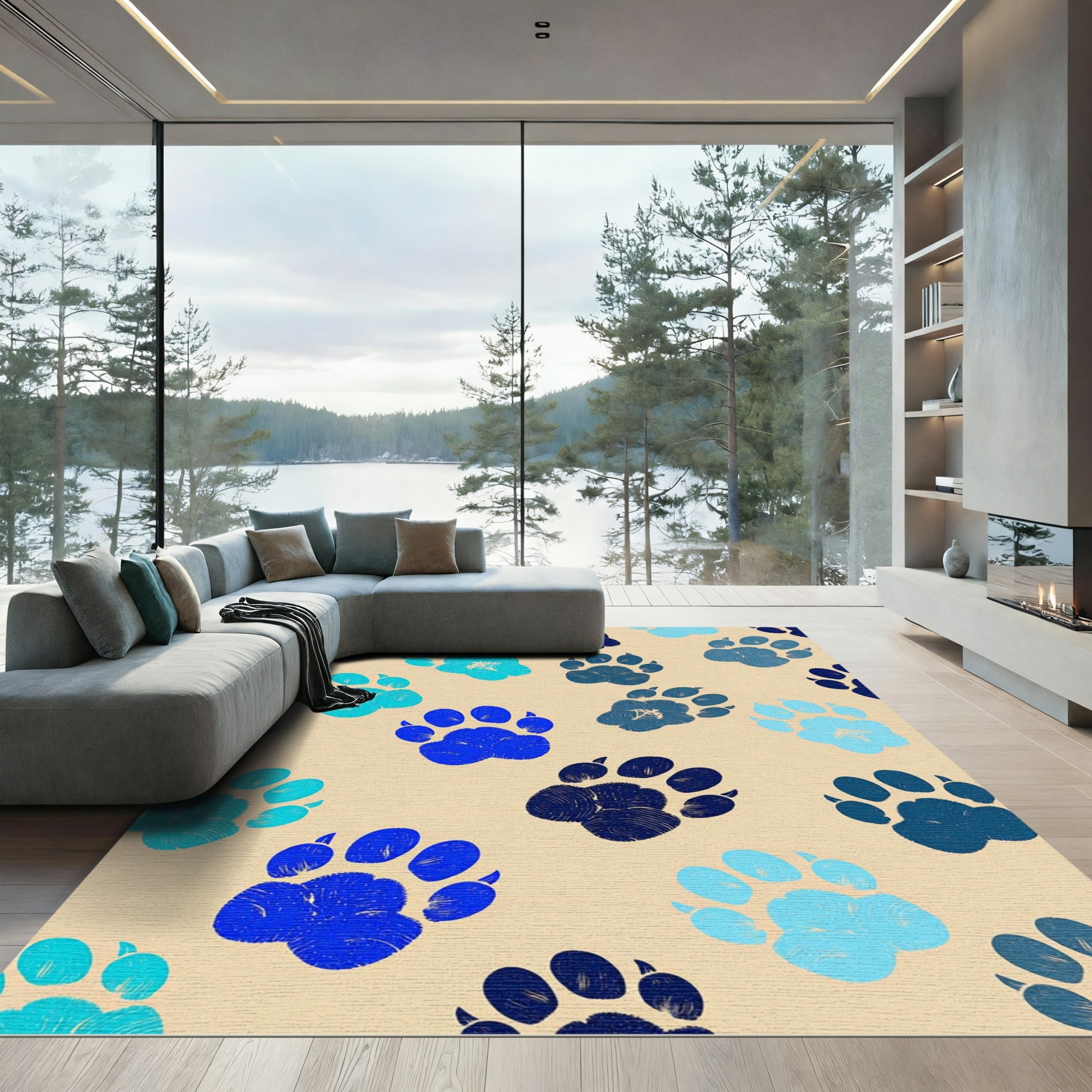 Blue Paw Prints Repeated Composition Rug