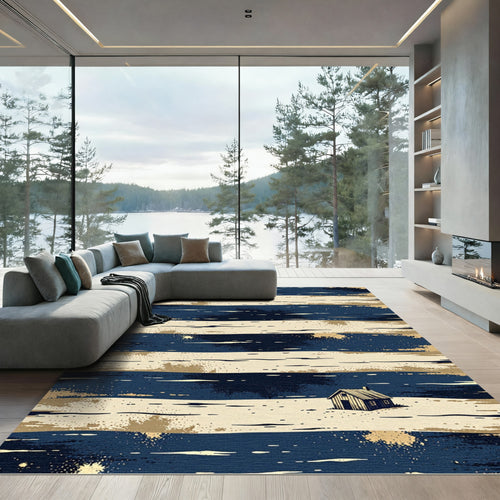 Abstract Navy and Golden Striped Cabin Rug