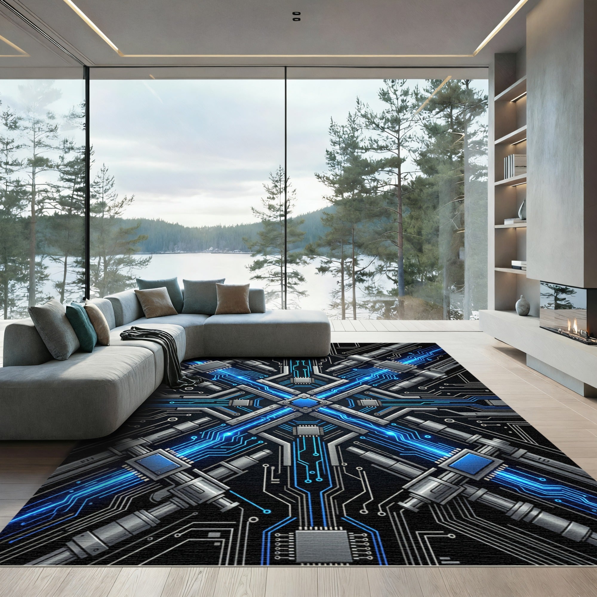 Cybernetic Circuitry Blue Metal Symmetry Rug