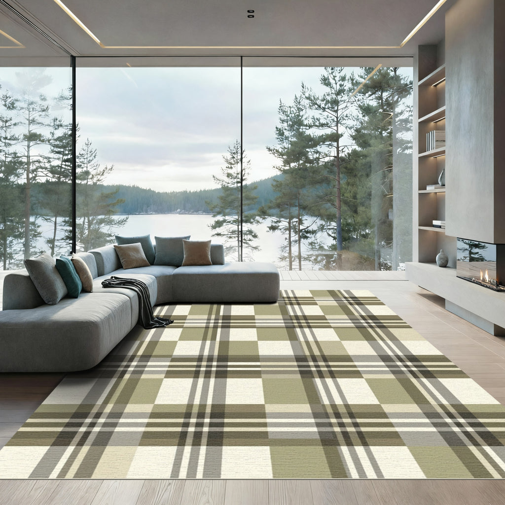 Earthy Tan and Olive Plaid Rug