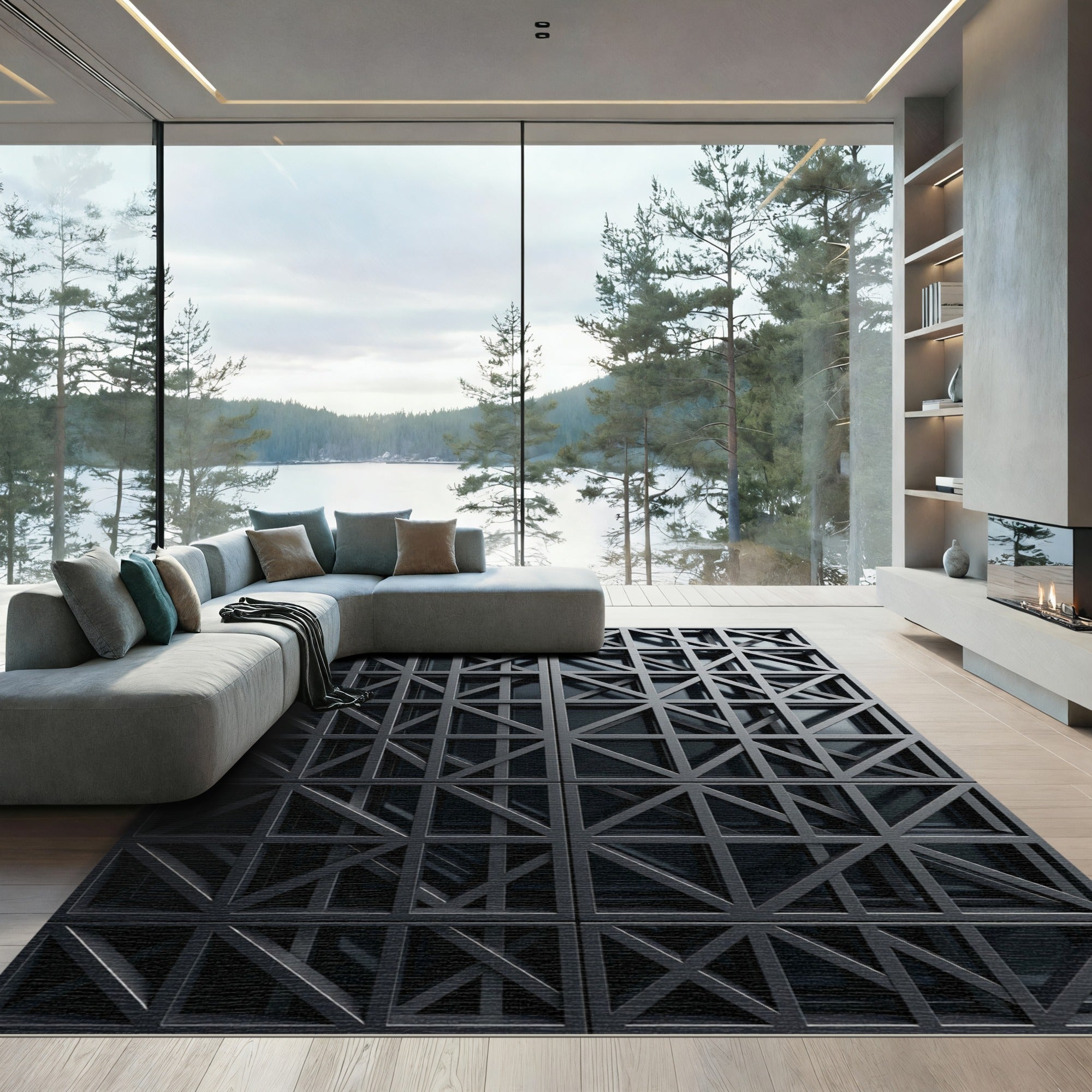 Charcoal Grid Tessellation Geometric Rug