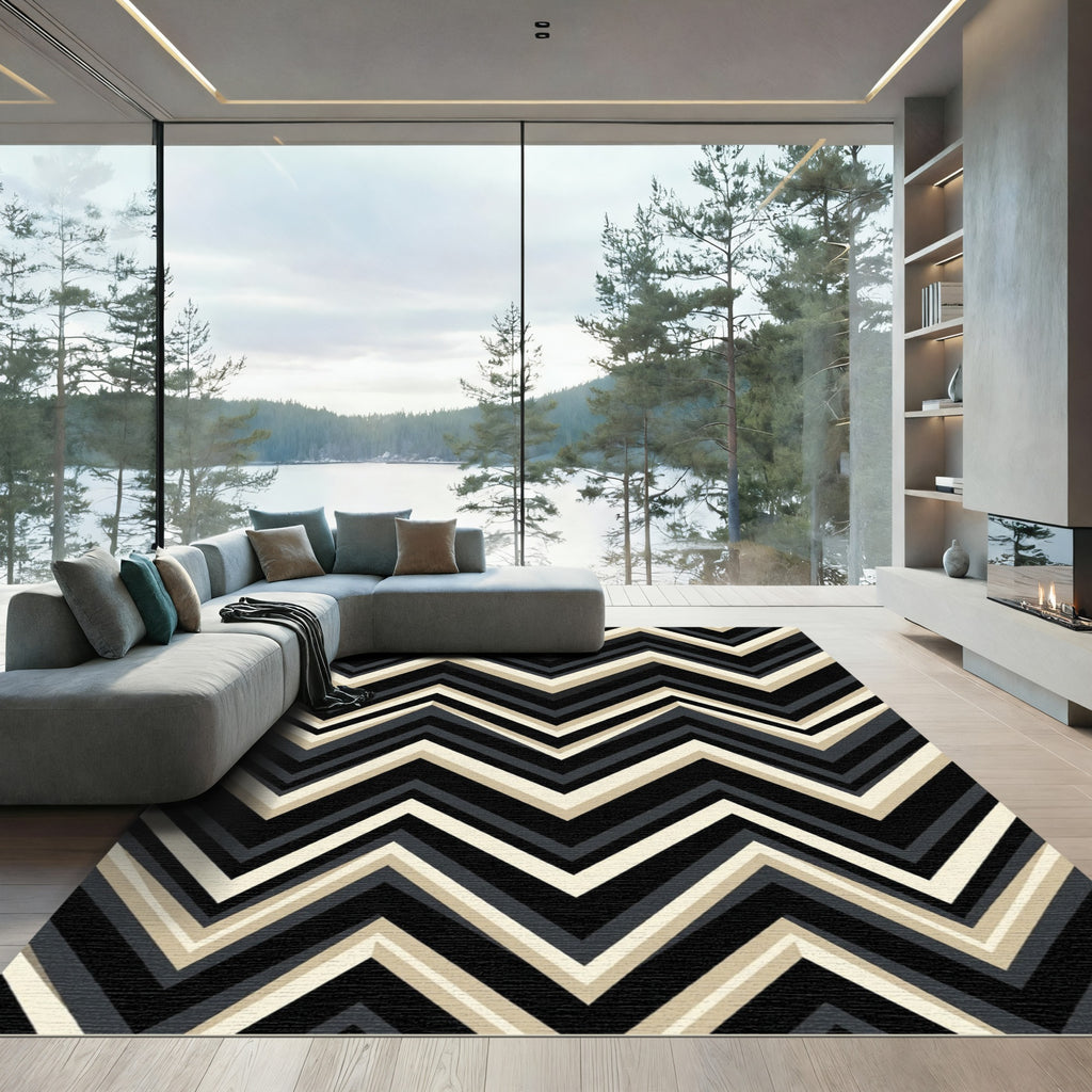 Bold Black Cream Chevron Stripes Rug