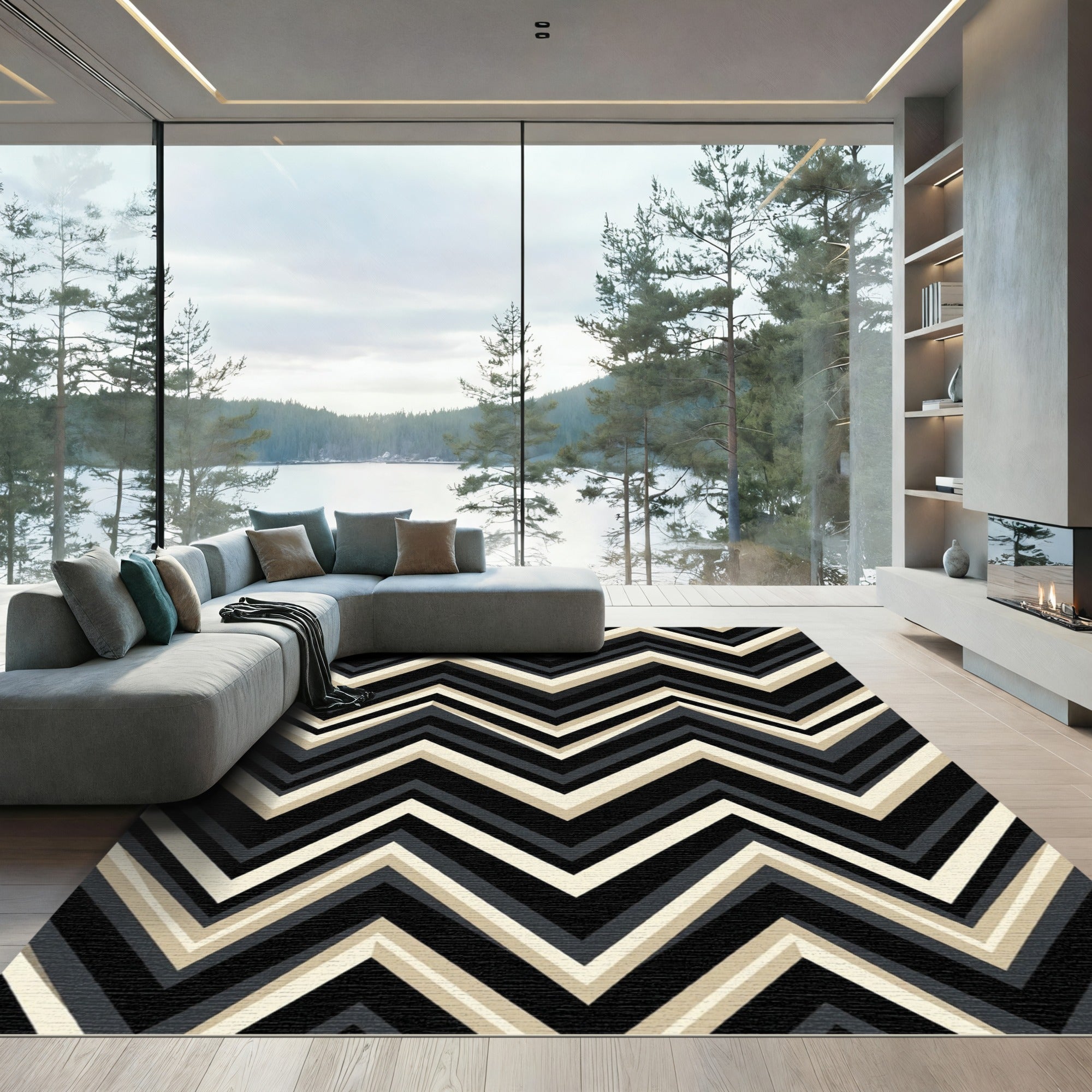 Bold Black Cream Chevron Stripes Rug