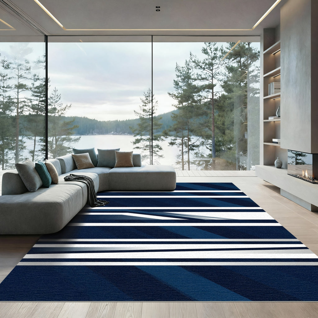 Modern Midnight Blue Linear Abstract Rug