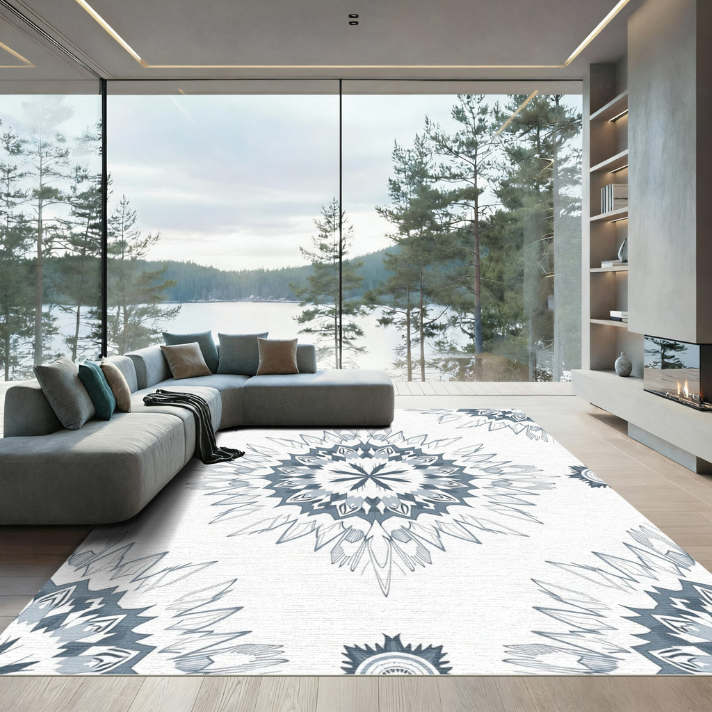 Blue White Radial Sunburst Rug