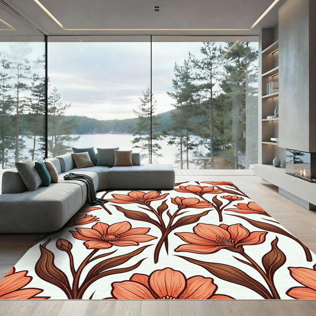 Coral Peach Floral Stem Arrangement Rug