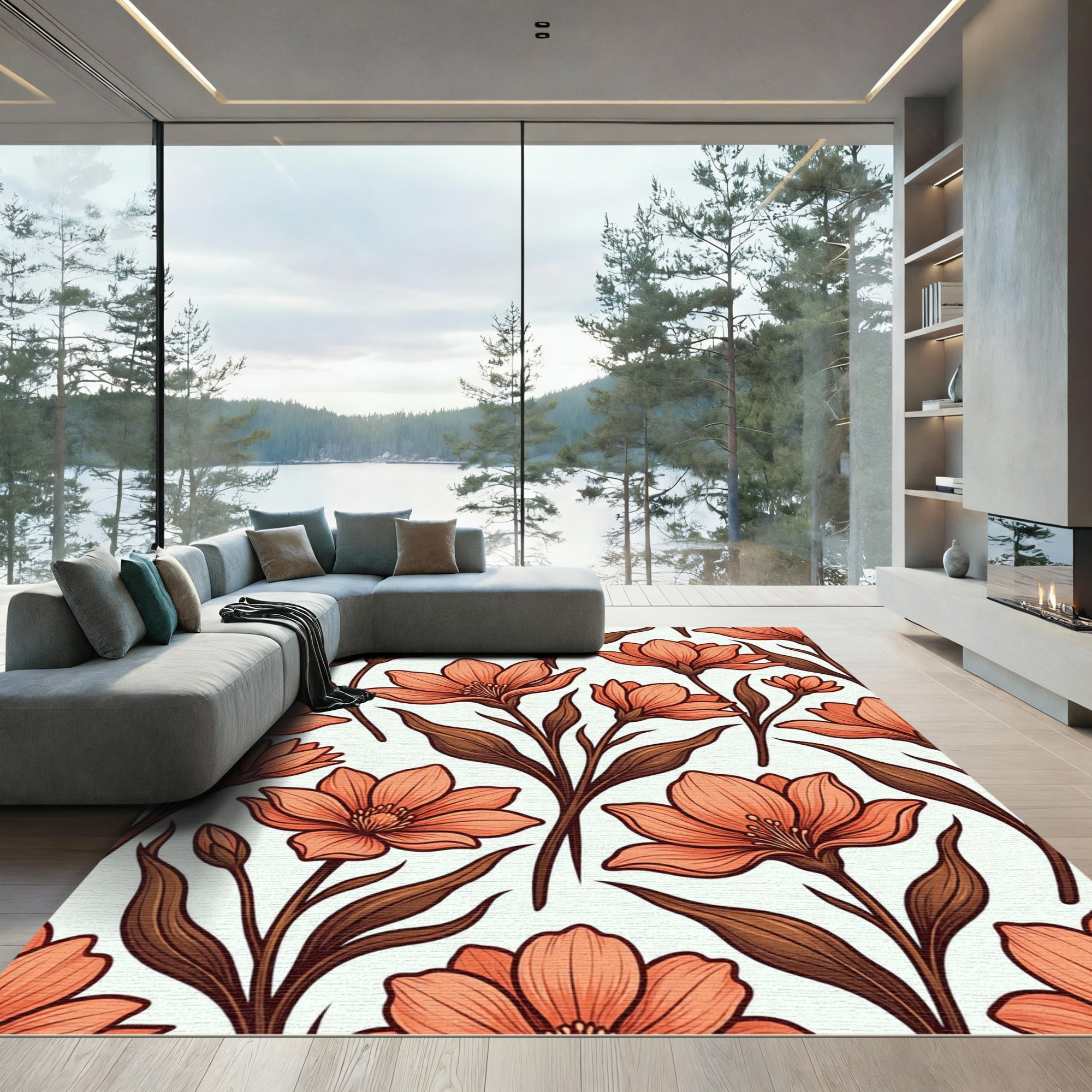 Coral Peach Floral Stem Arrangement Rug