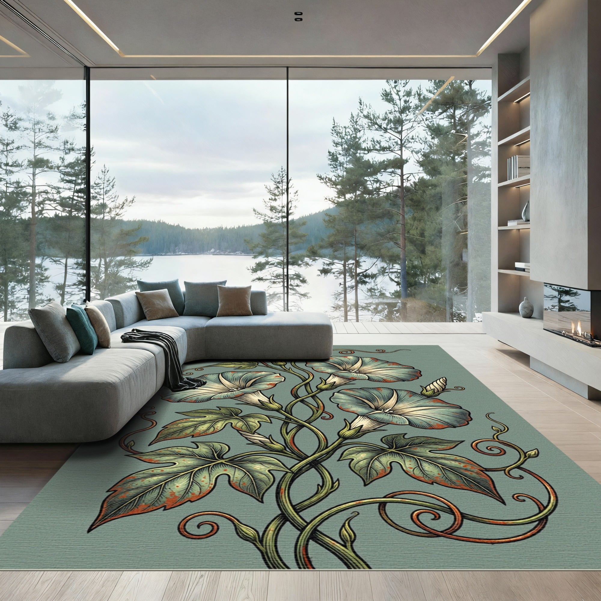 Muted Teal Morning Glory Botanical Swirl Rug