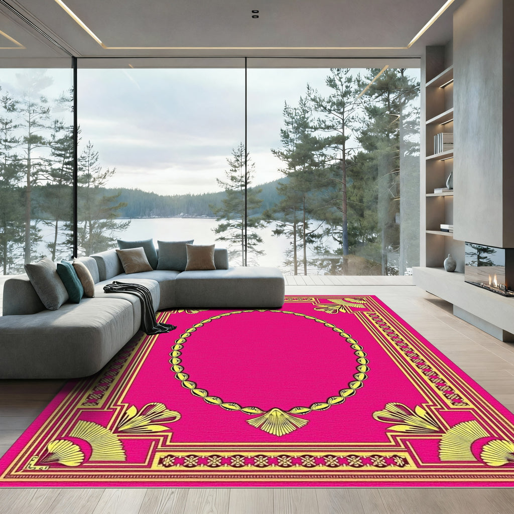 Vibrant Pink Yellow Fan Medallion Rug