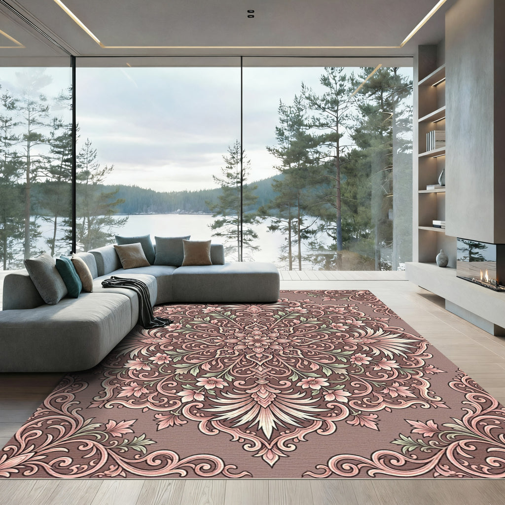 Vintage Rose Floral Scroll Centerpiece Rug