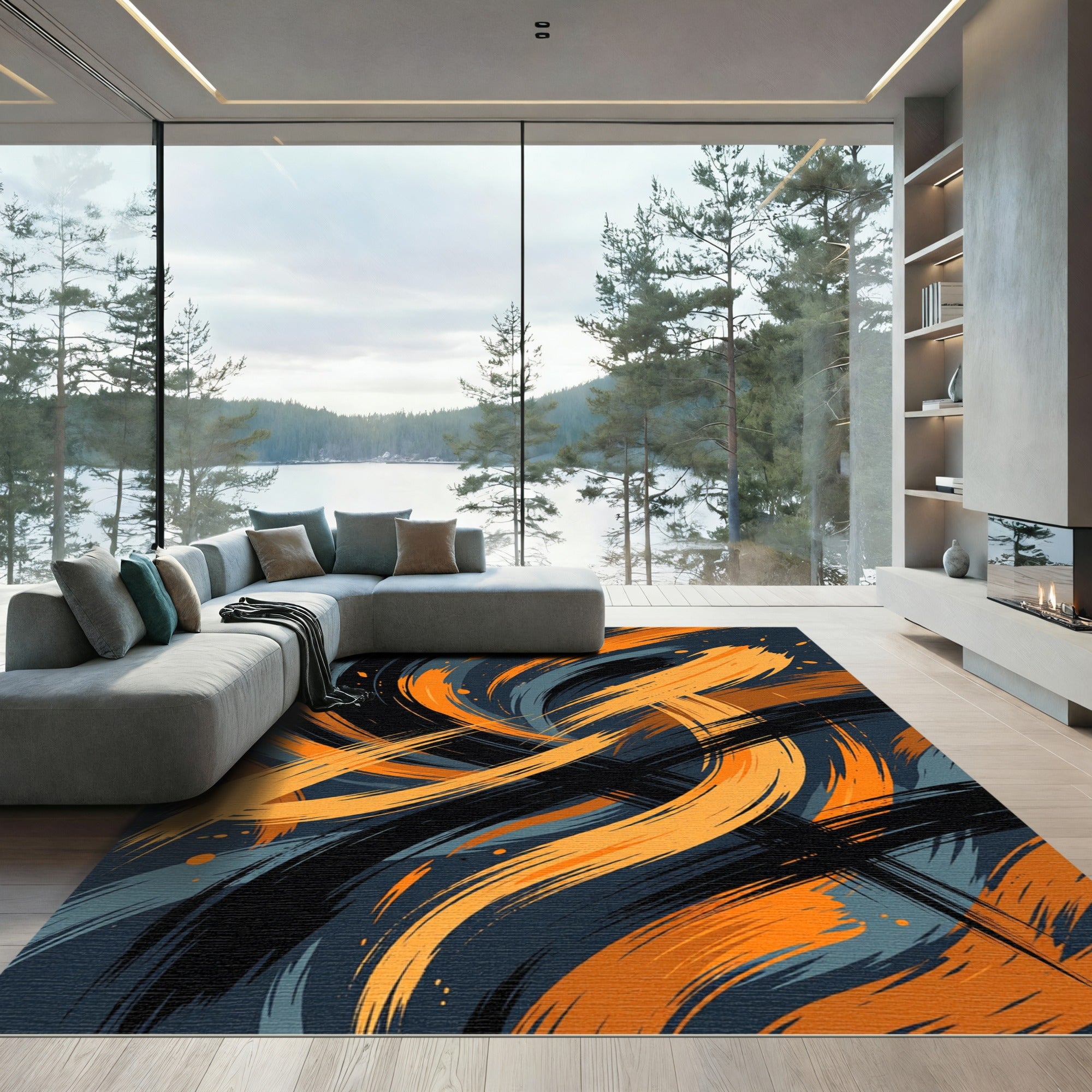 Modern Black and Orange Abstract Swirl Rug