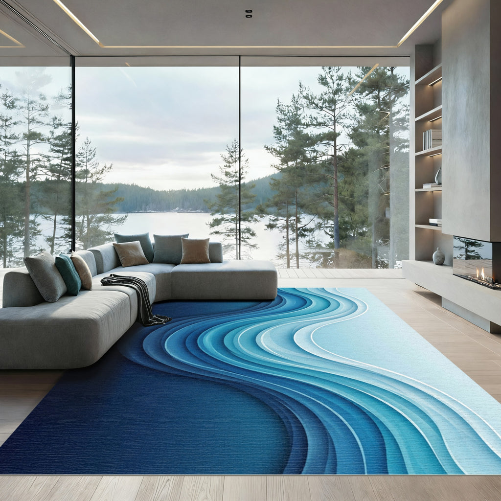 Deep Blue Gradient Wavy Layers Rug