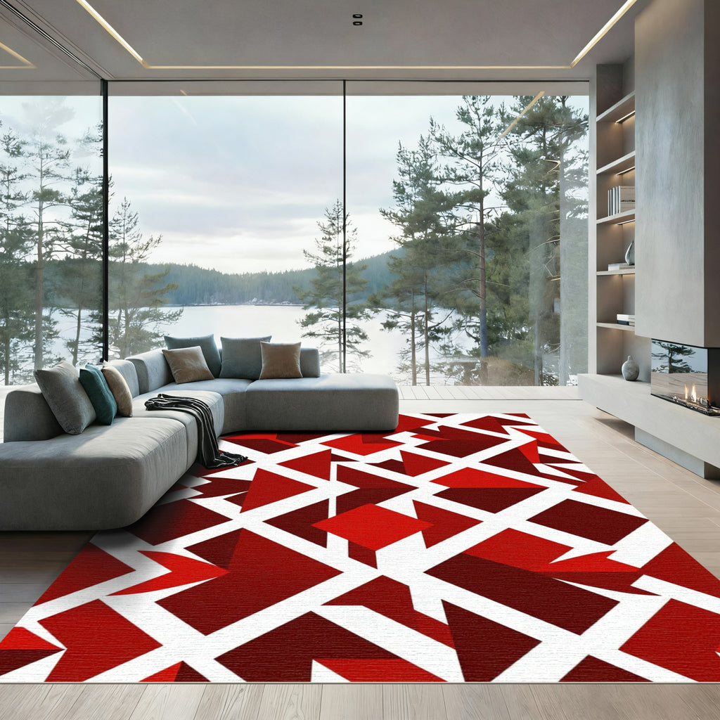 Crimson Red Geometric Interlocking Shapes Rug