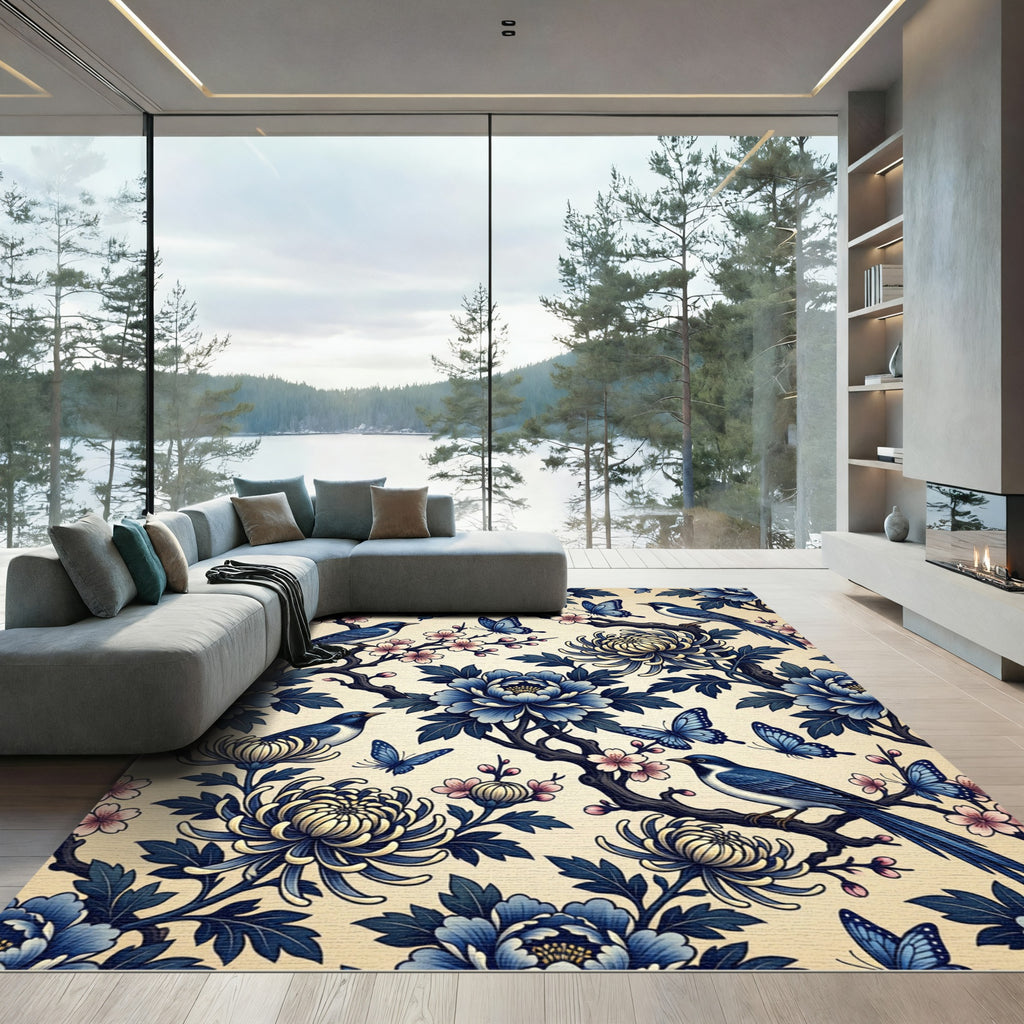 Blue Floral Chinoiserie Bird and Butterfly Rug
