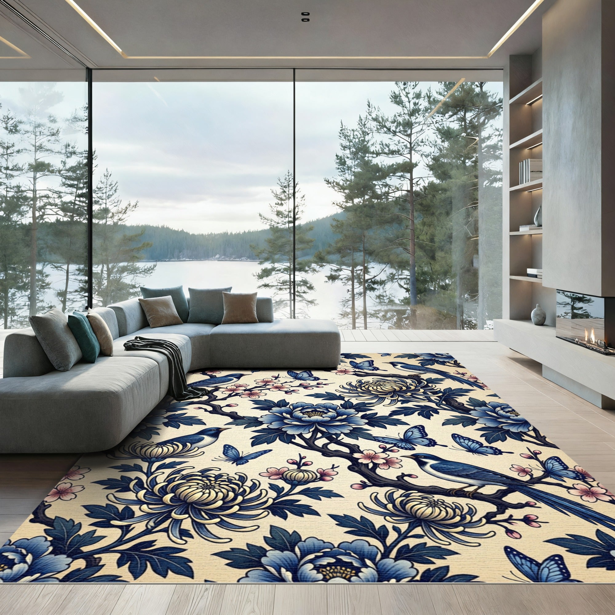Blue Floral Chinoiserie Bird and Butterfly Rug
