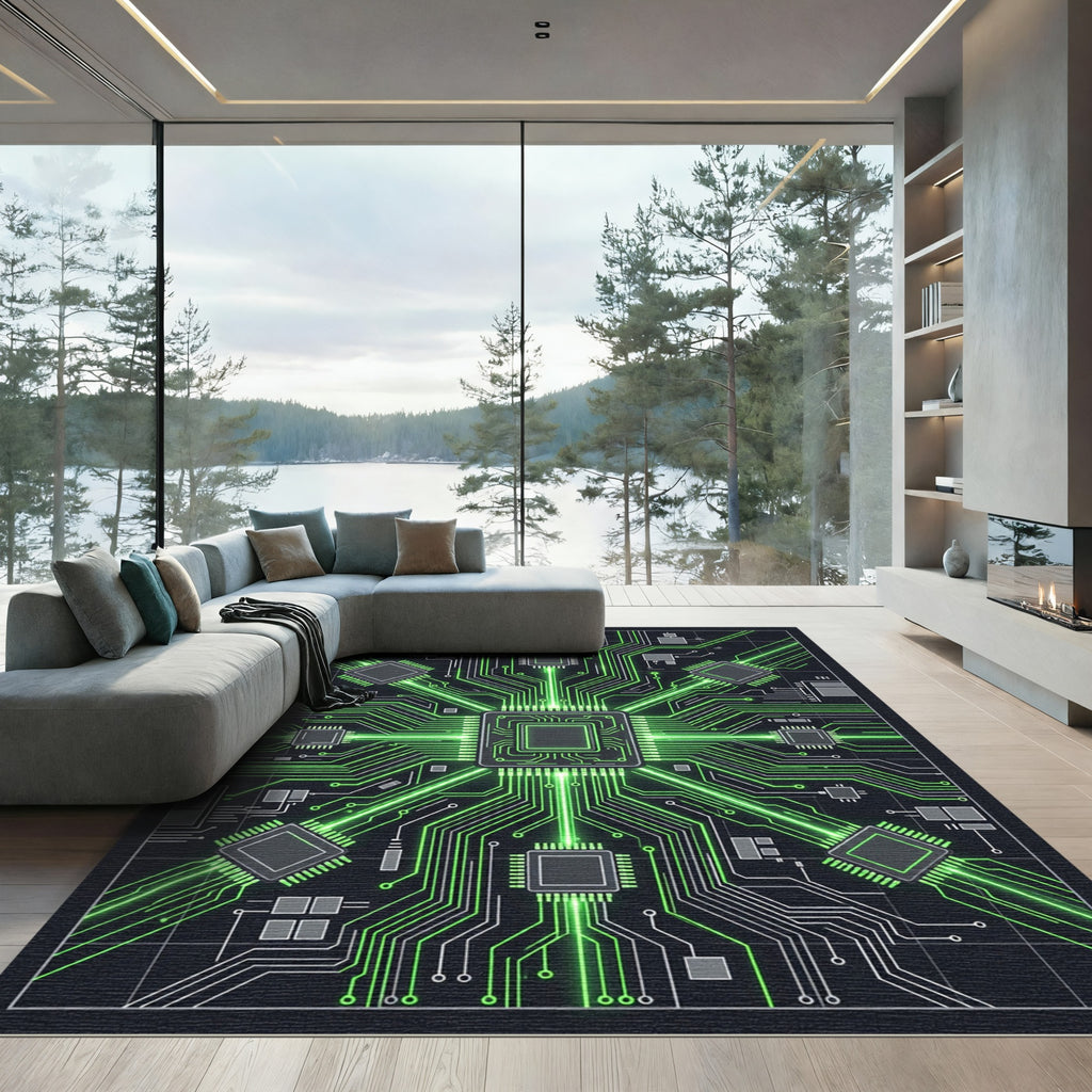Neon Circuit Board Geometric Grid Rug