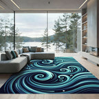 Deep Teal Ocean Swirl Waves Rug