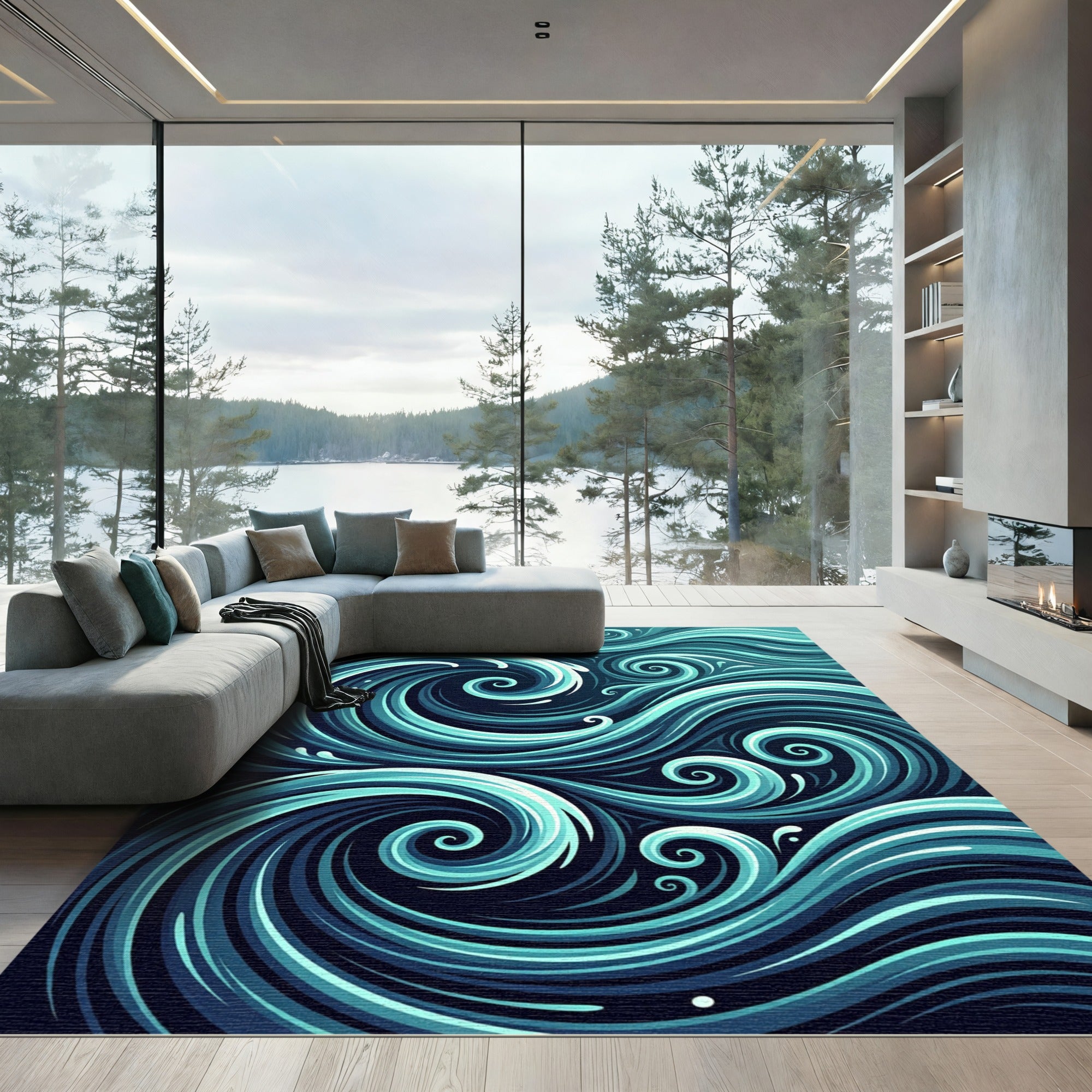 Deep Teal Ocean Swirl Waves Rug