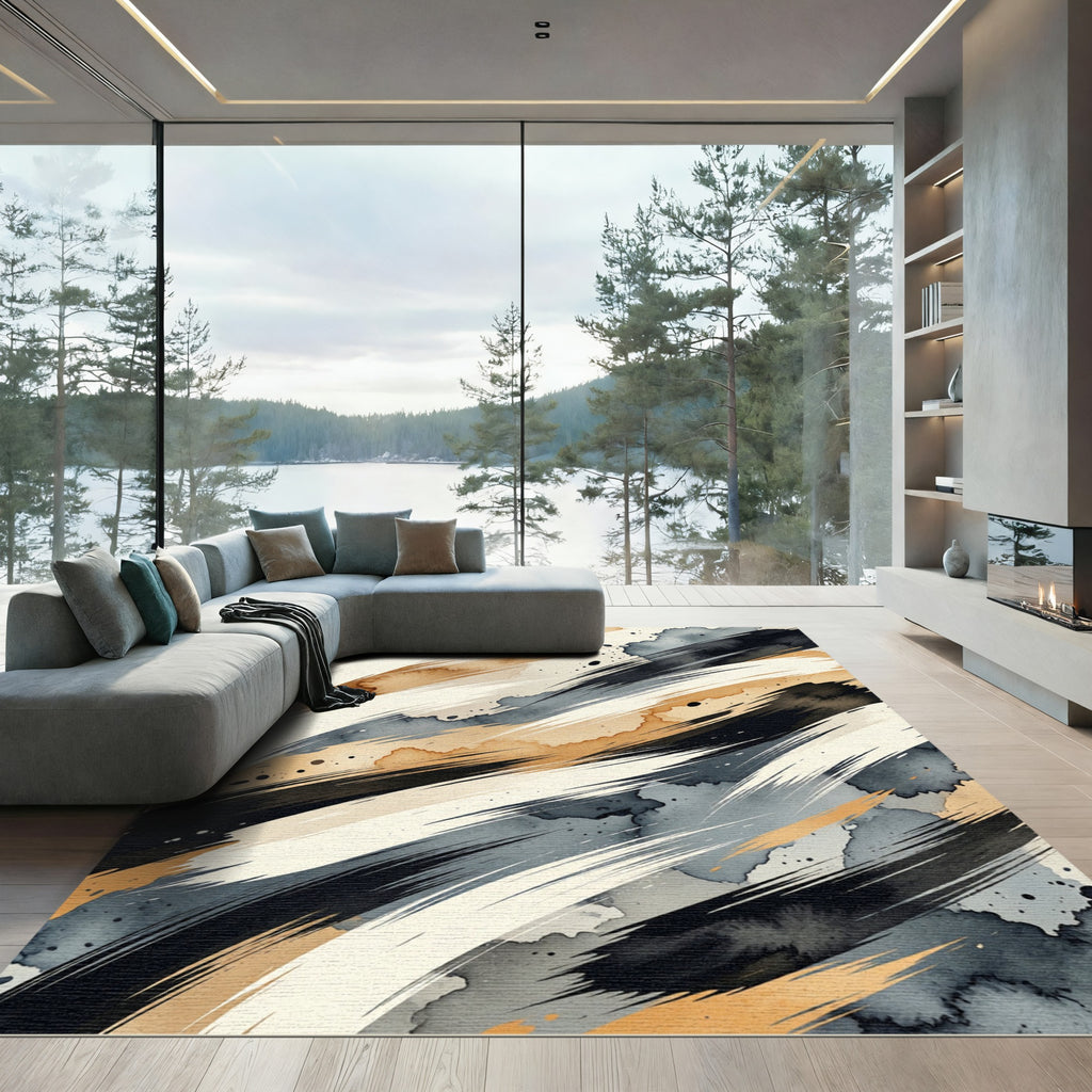 Abstract Ink Stroke Black Beige Watercolor Rug