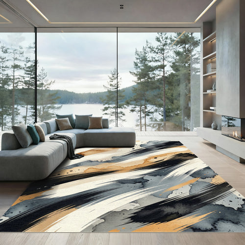Abstract Ink Stroke Black Beige Watercolor Rug