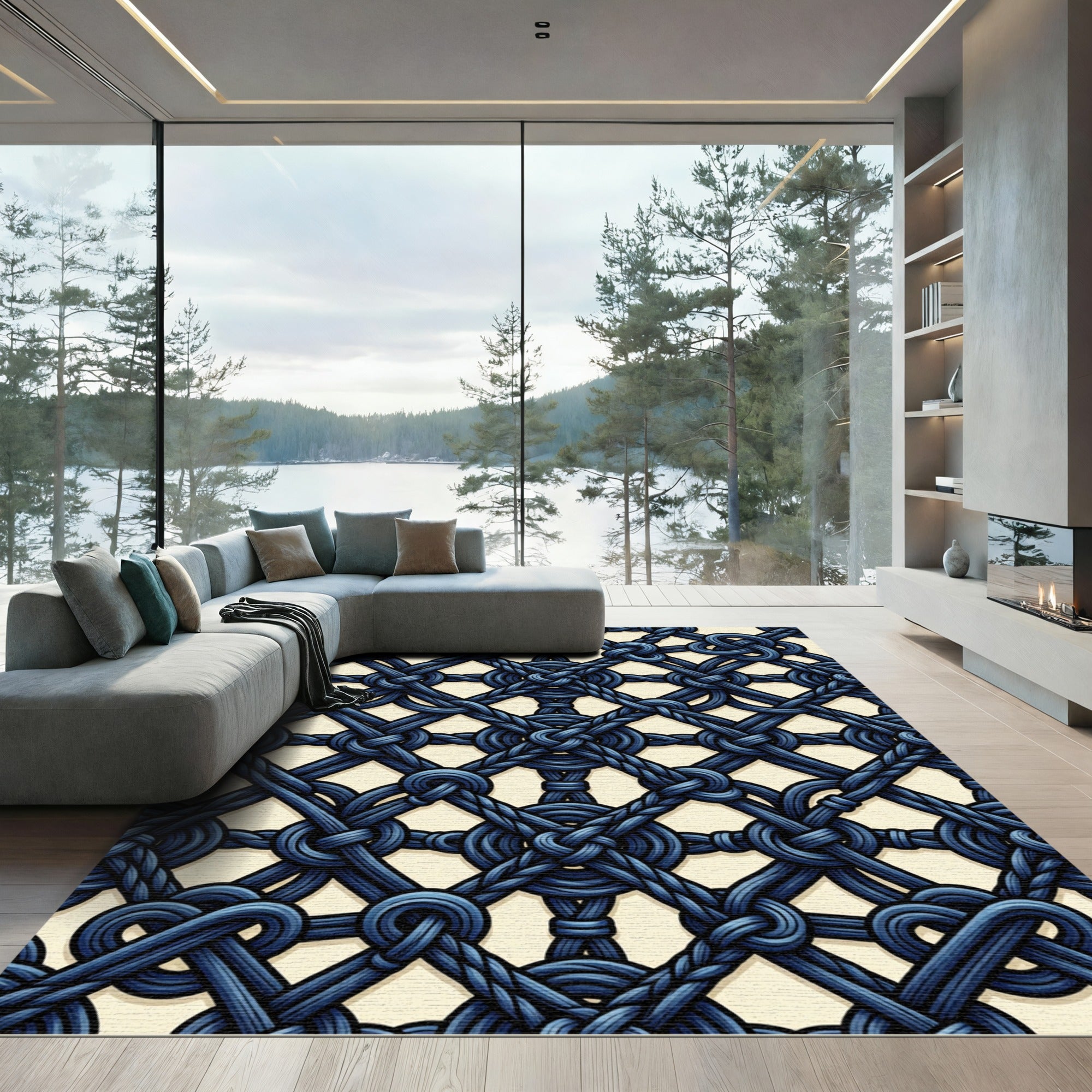 Deep Blue Nautical Knot Lattice Rug