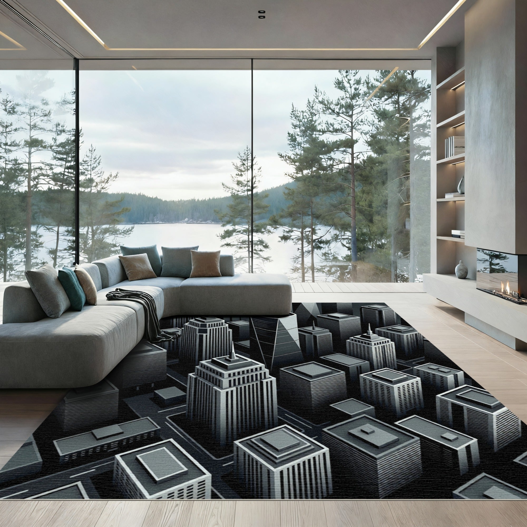 Gray Cityscape Skyscraper Aerial View Rug