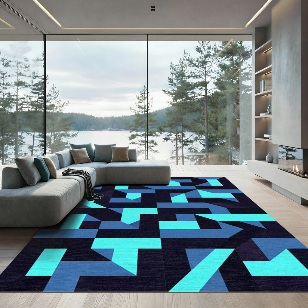 Deep Blue Geometric Abstract Rug