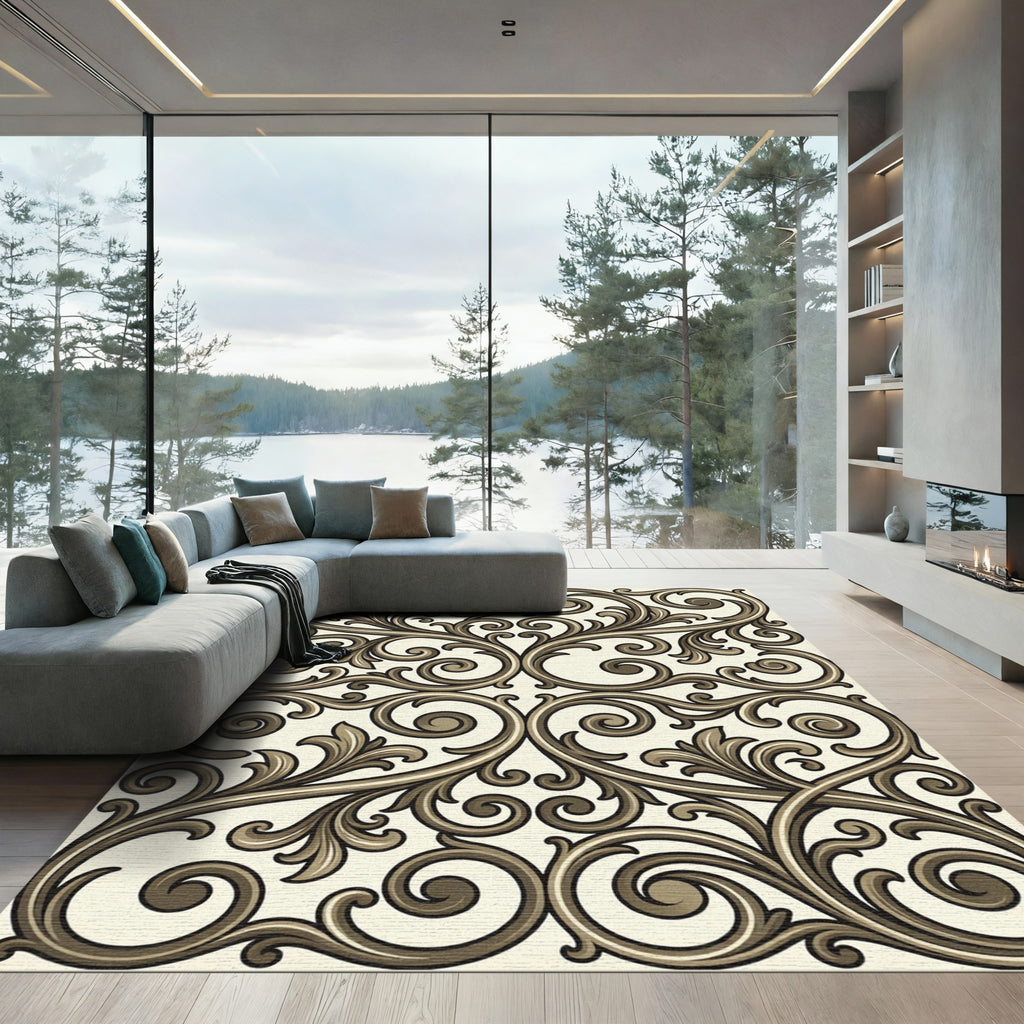 Elegant Brown Scrollwork Filigree Rug