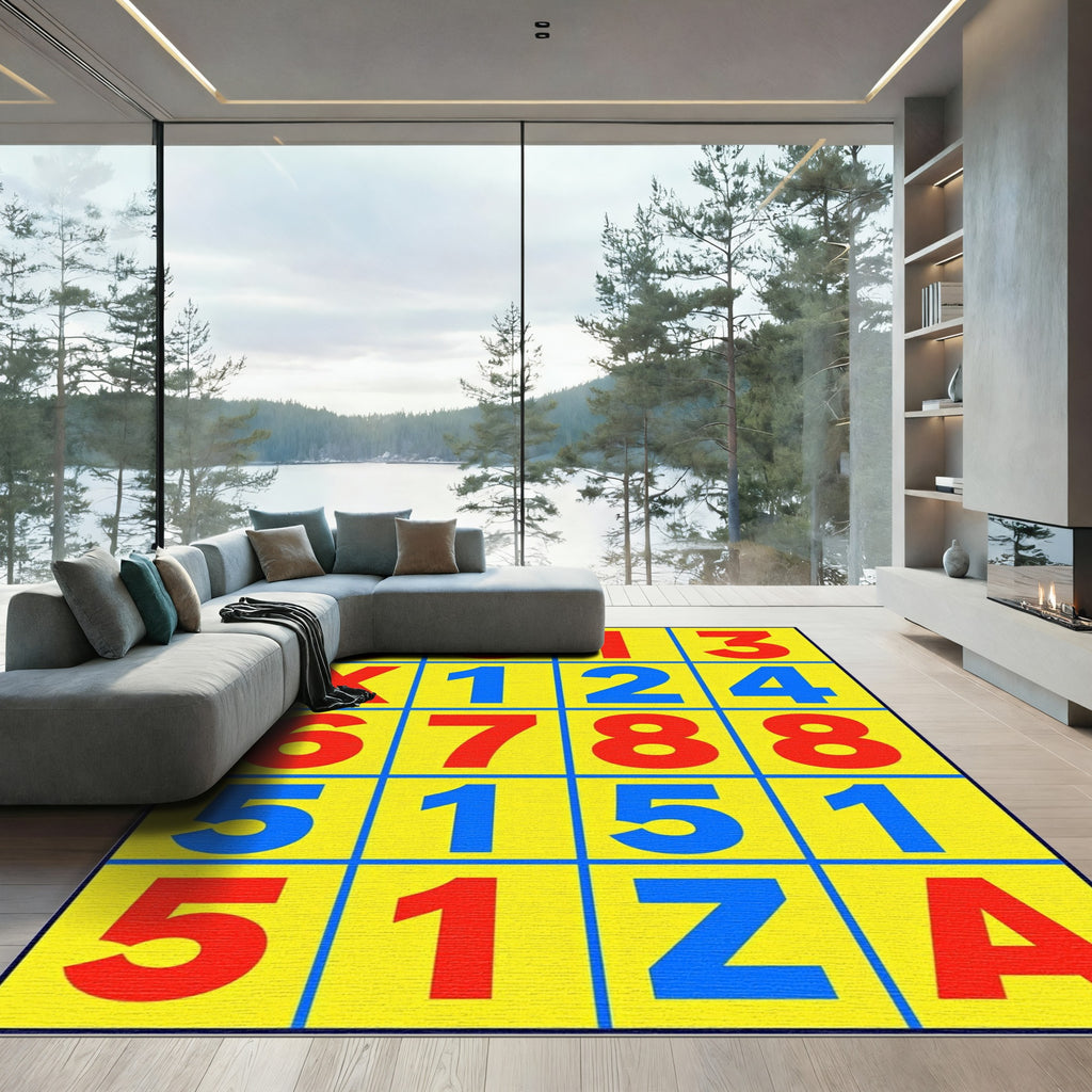 Bold Yellow Red Blue Number Grid Rug