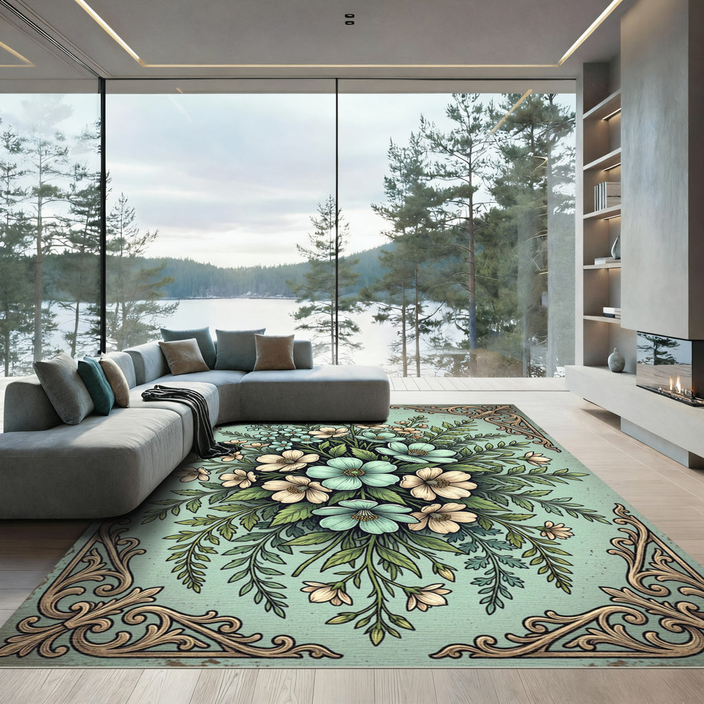Vintage Aqua Floral Bouquet Illustration Rug