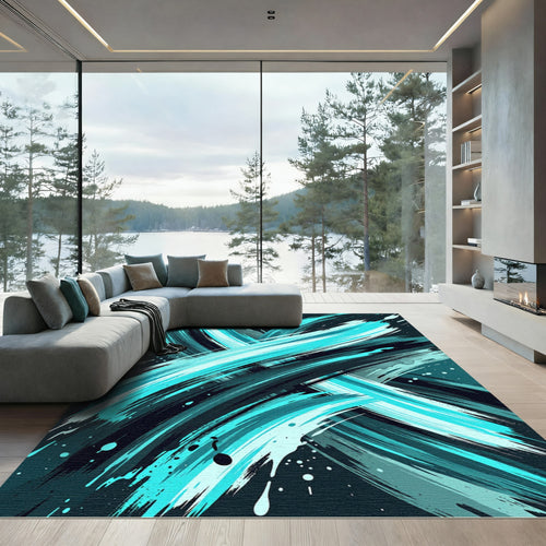 Abstract Cyan Brushstroke Swirls Rug