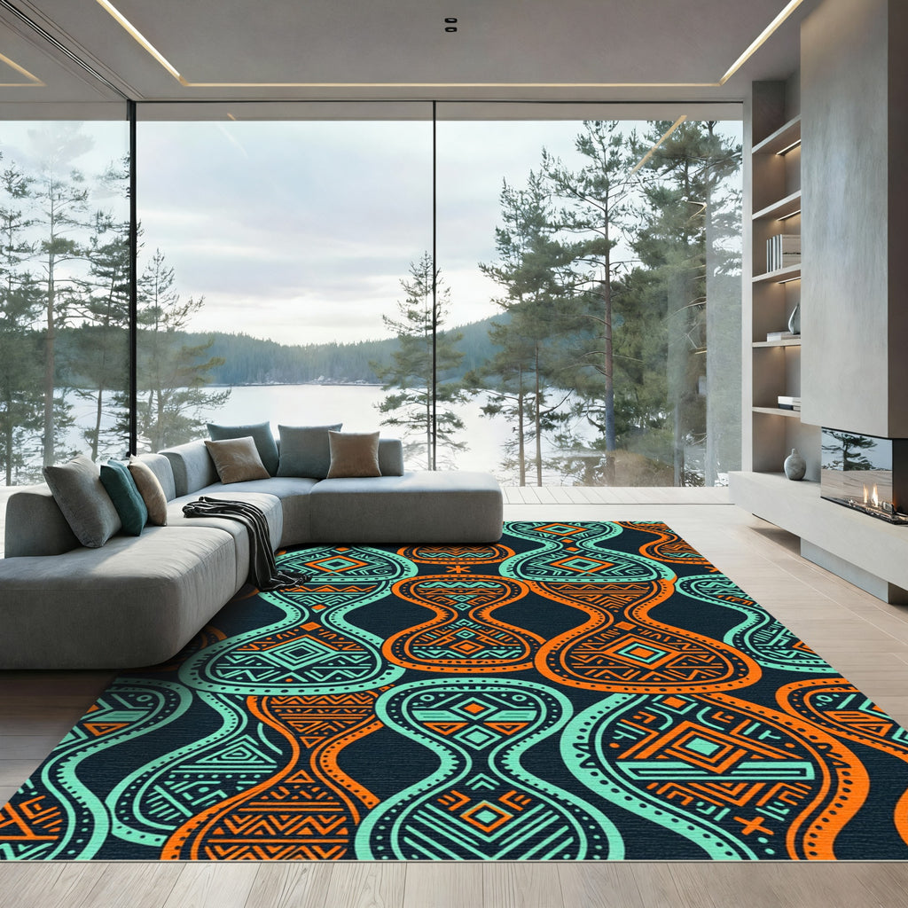 Teal and Orange Geometric Tribal Art Rug