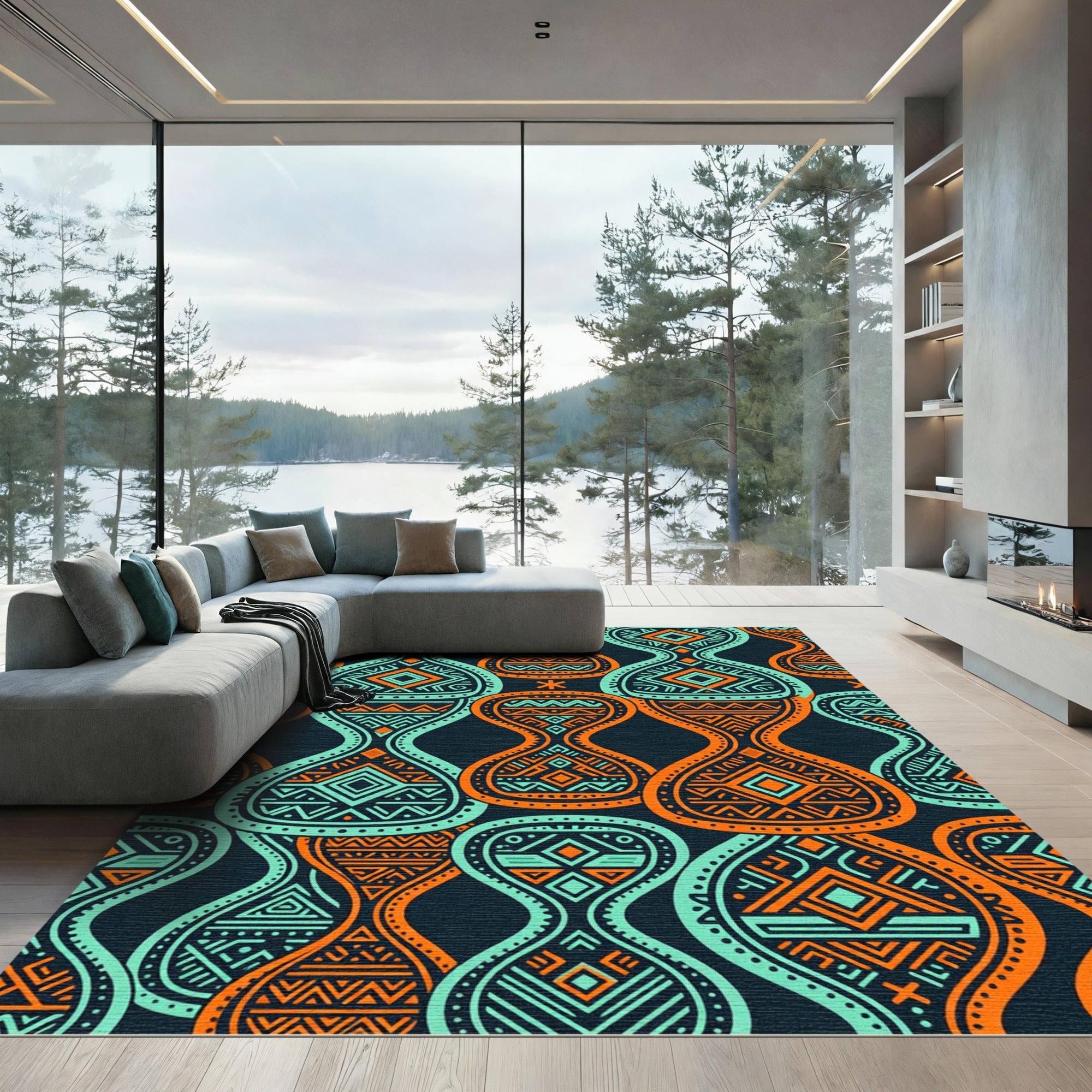 Teal and Orange Geometric Tribal Art Rug