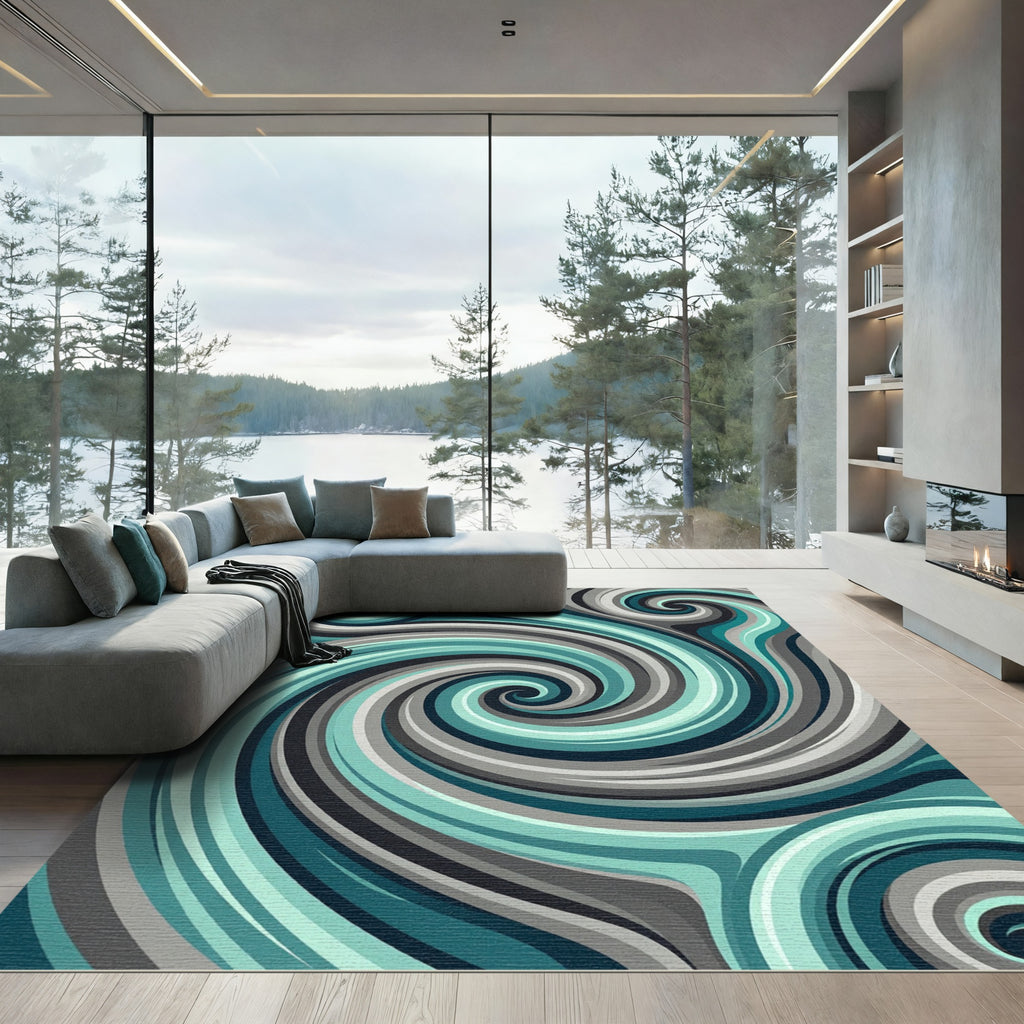Abstract Teal and Grey Swirl Vortex Rug