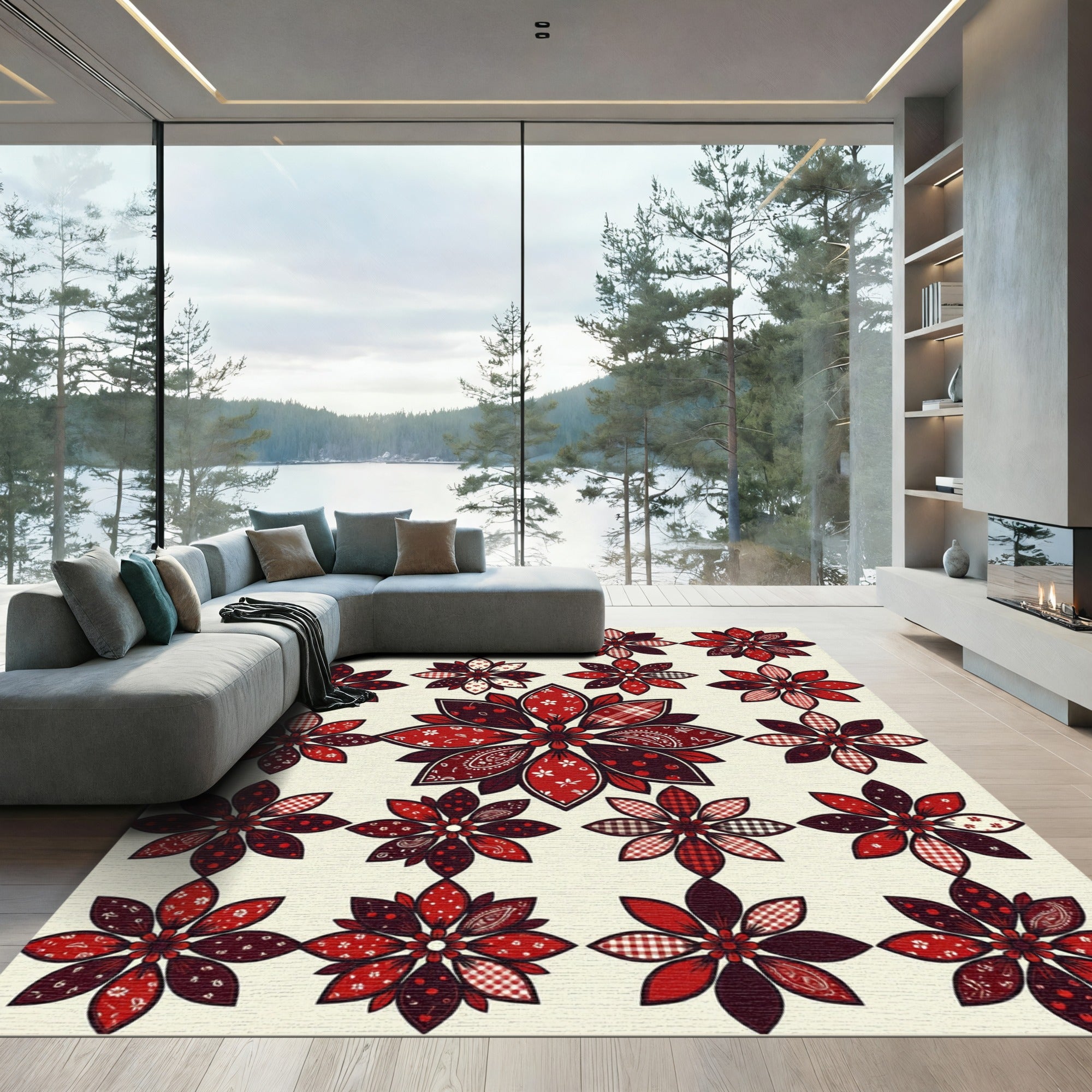 Crimson Floral Medallion Patchwork Rug