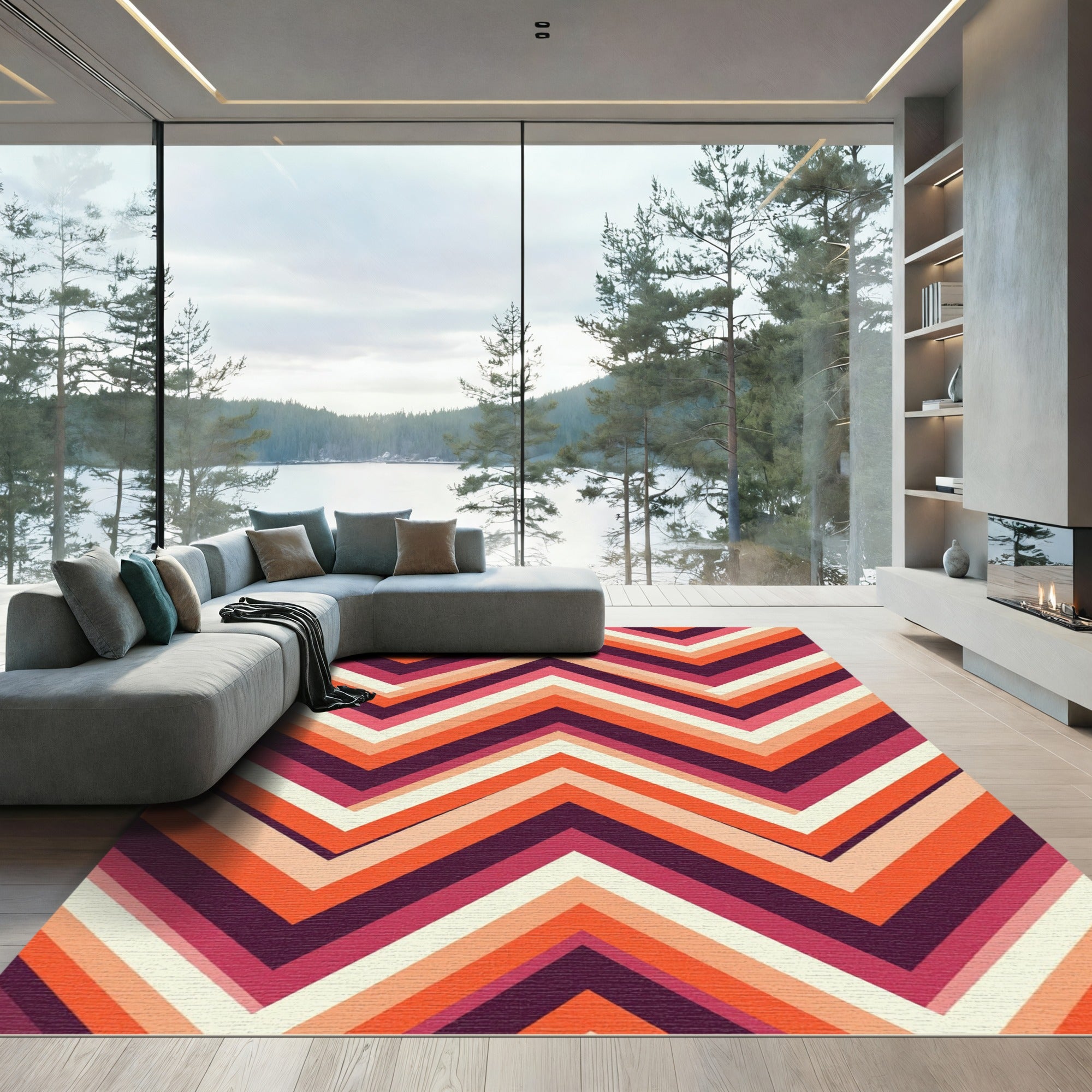 Retro Zigzag Chevron Orange Pink Rug