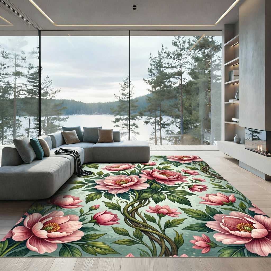 Elegant Pink Peony Botanical Art Rug