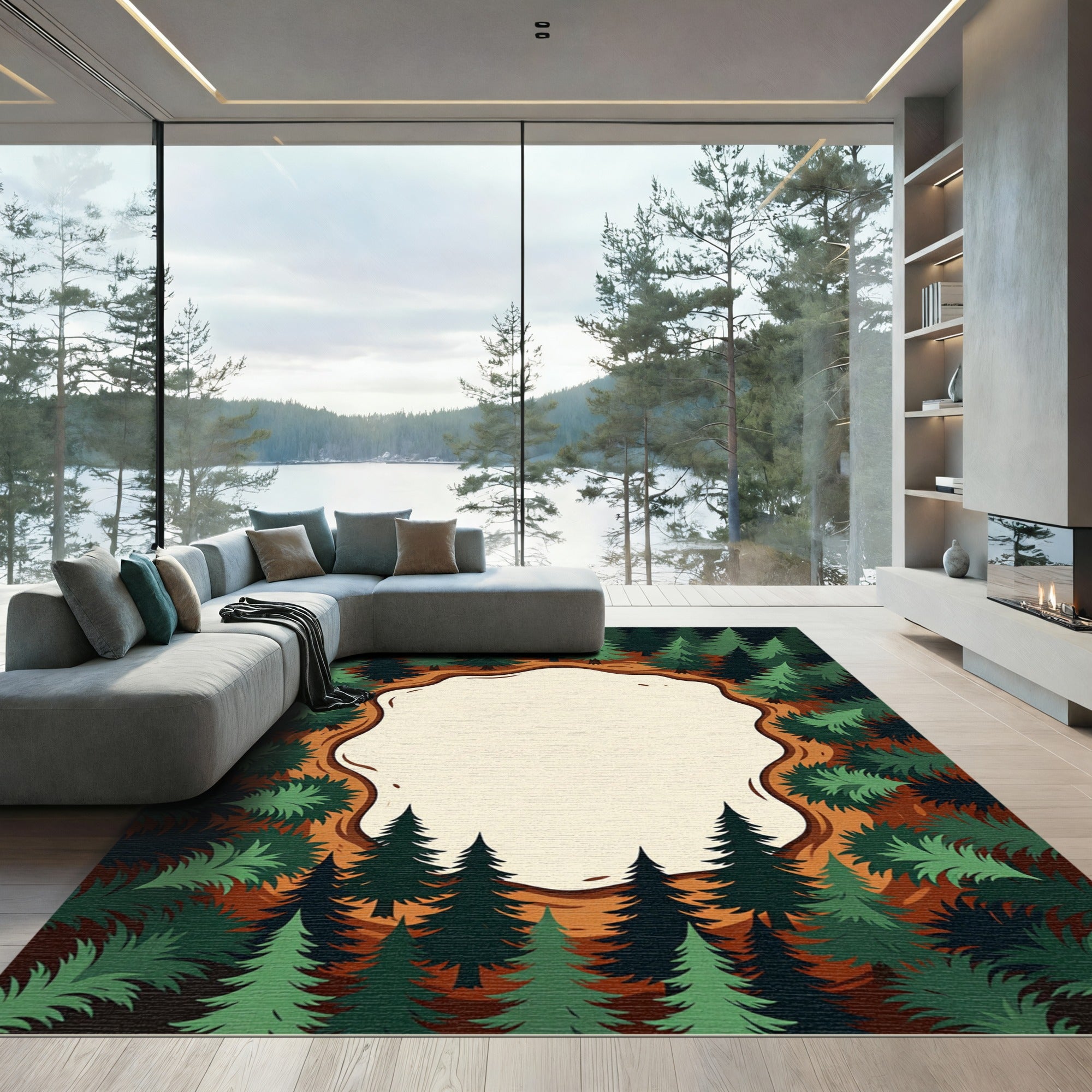 Enchanted Pine Forest Clearing Border Rug