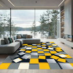 Modern Geometric Yellow and Gray Cube Rug
