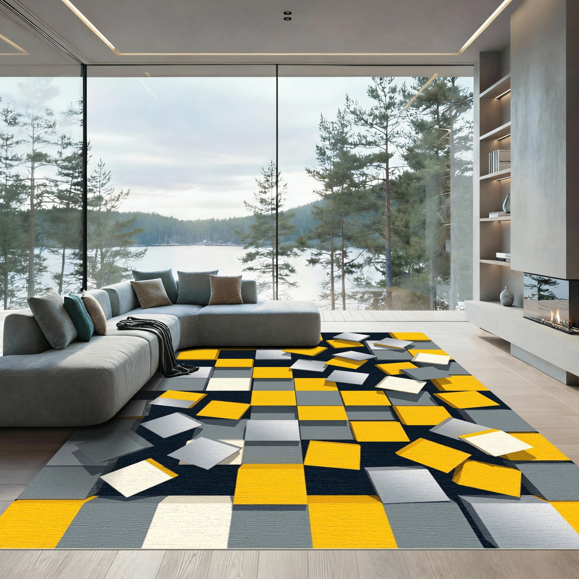 Modern Geometric Yellow and Gray Cube Rug