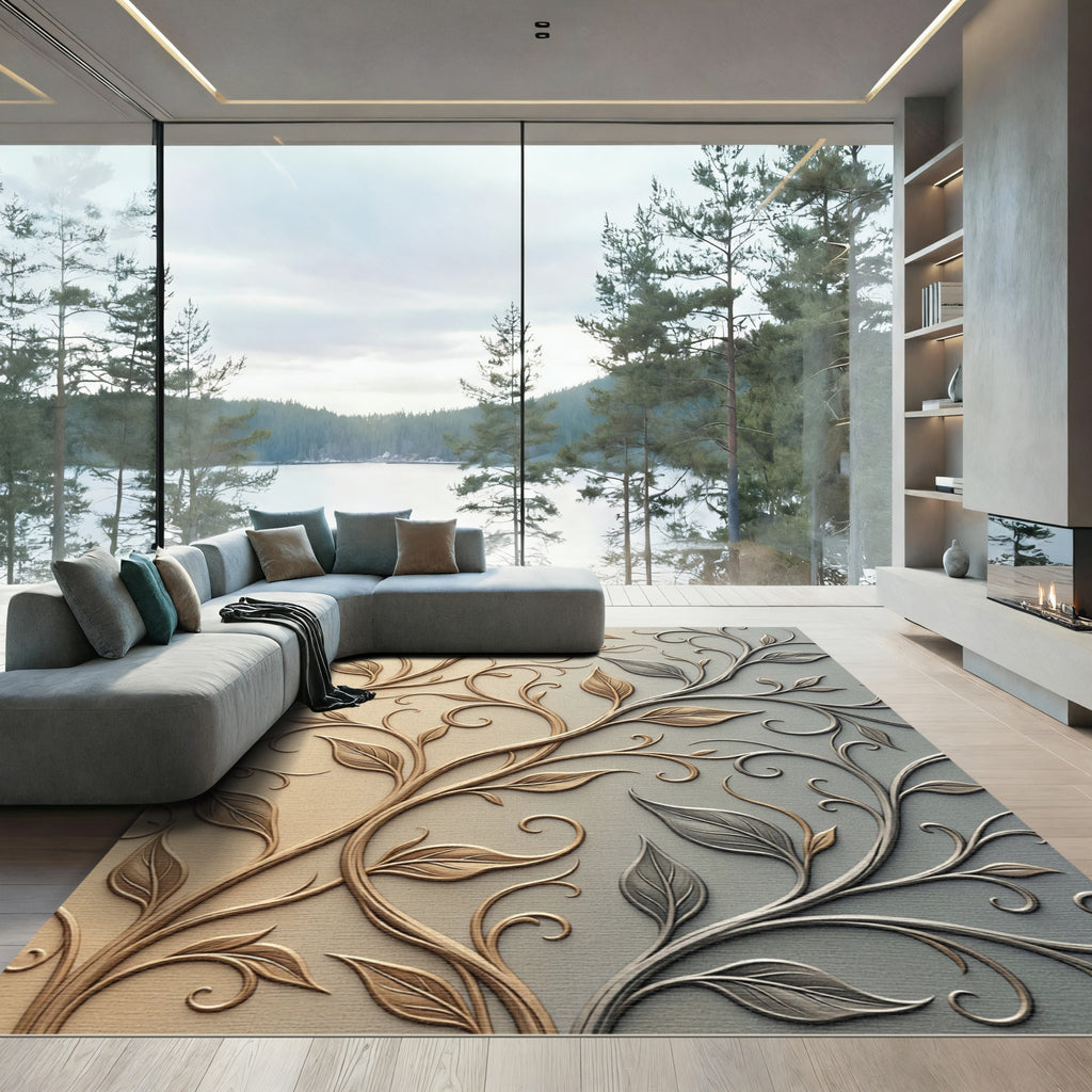 Elegant Gold Silver Leafy Scrollwork Rug