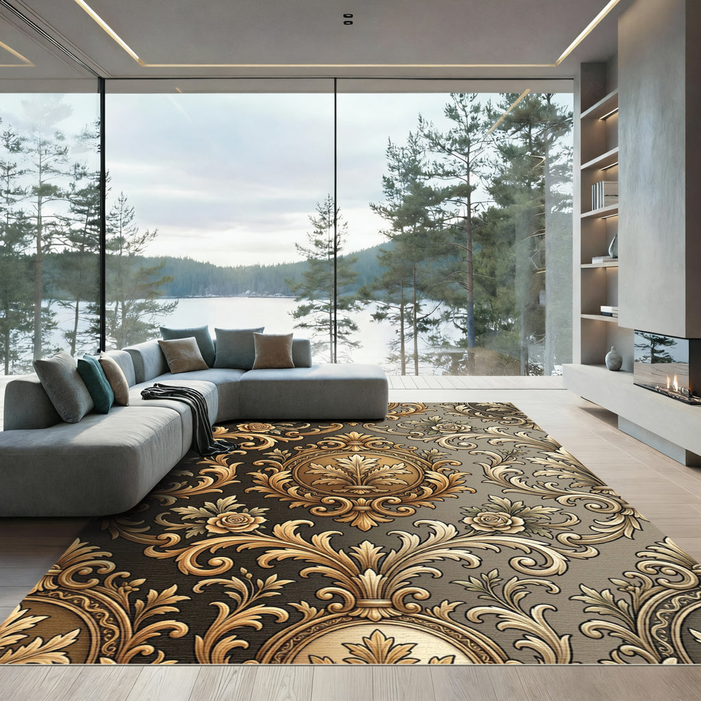 Ornate Gold Floral Acanthus Scroll Rug