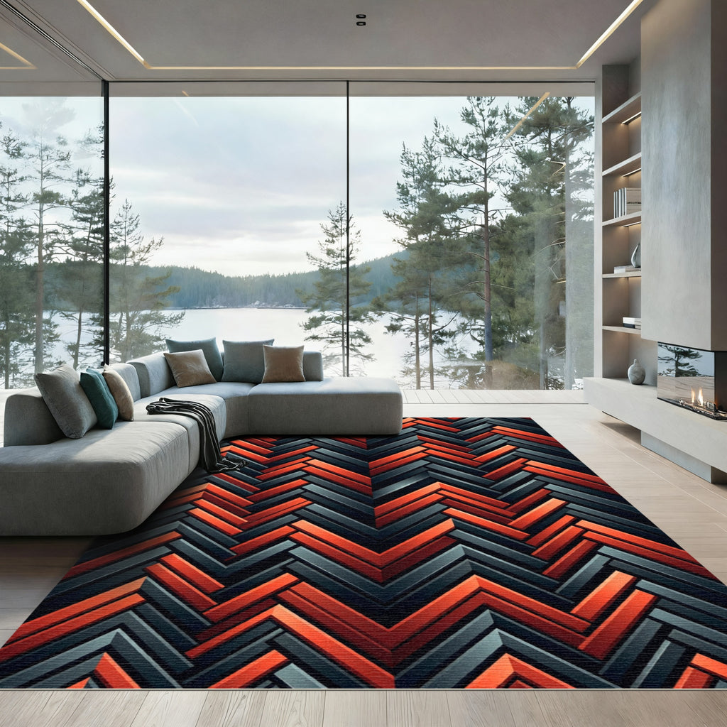 Deep Coral Red Herringbone Weave Rug