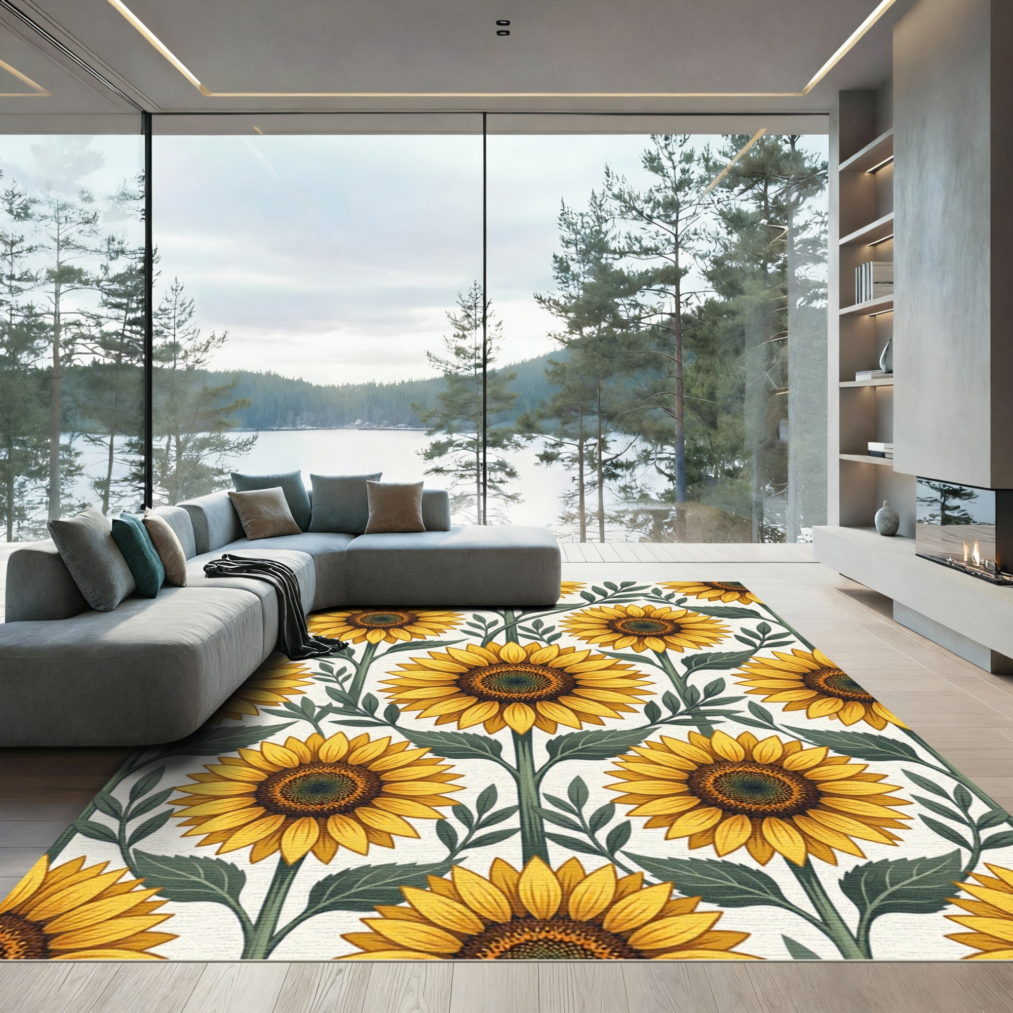 Sunny Yellow Botanical Sunflower Garden Rug
