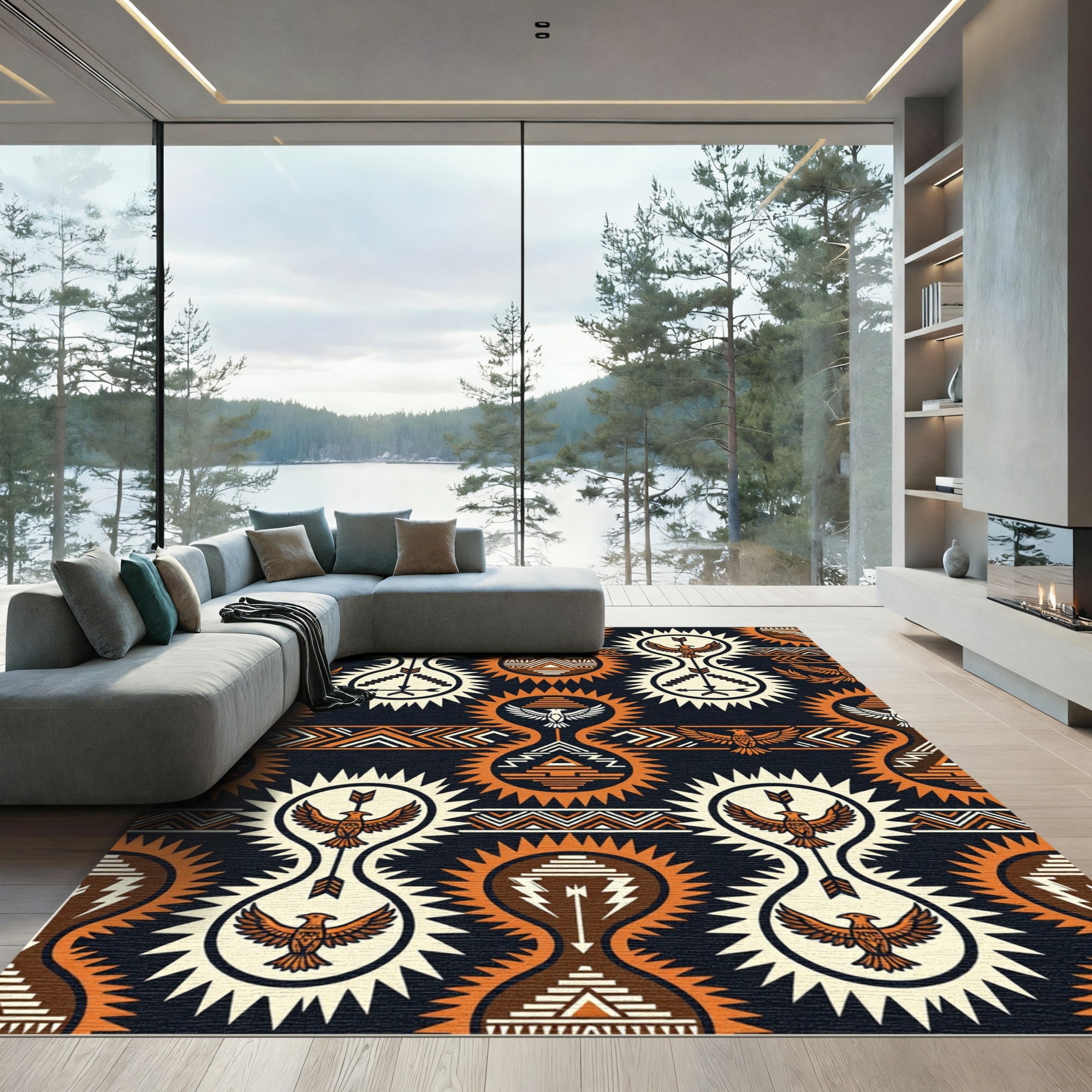 Tribal Feather Medallion Black Ochre Rug