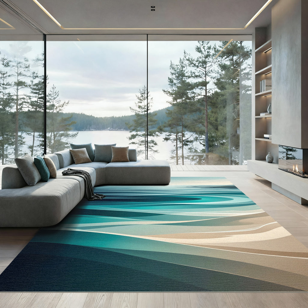Abstract Teal Ocean Wave Horizon Rug