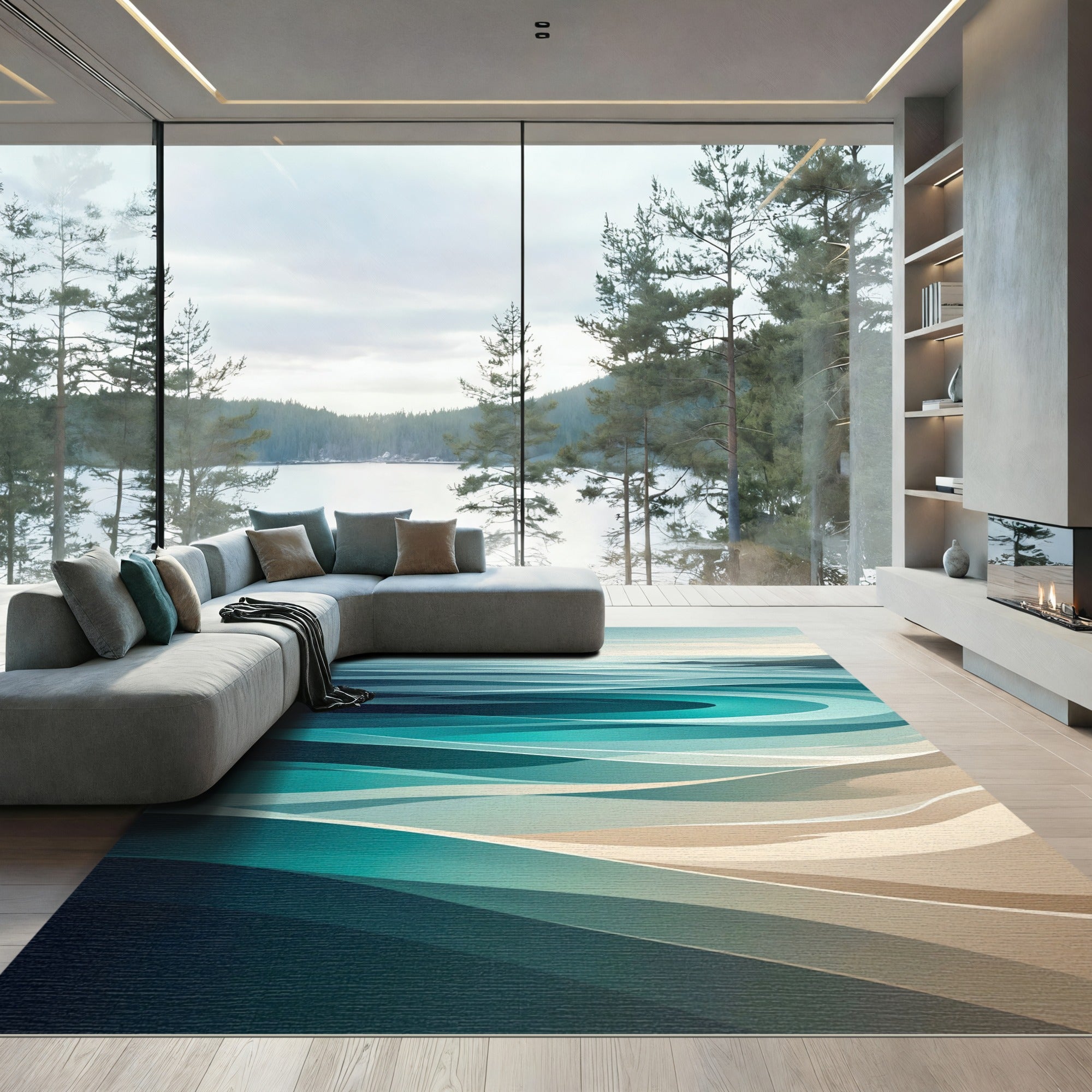Abstract Teal Ocean Wave Horizon Rug