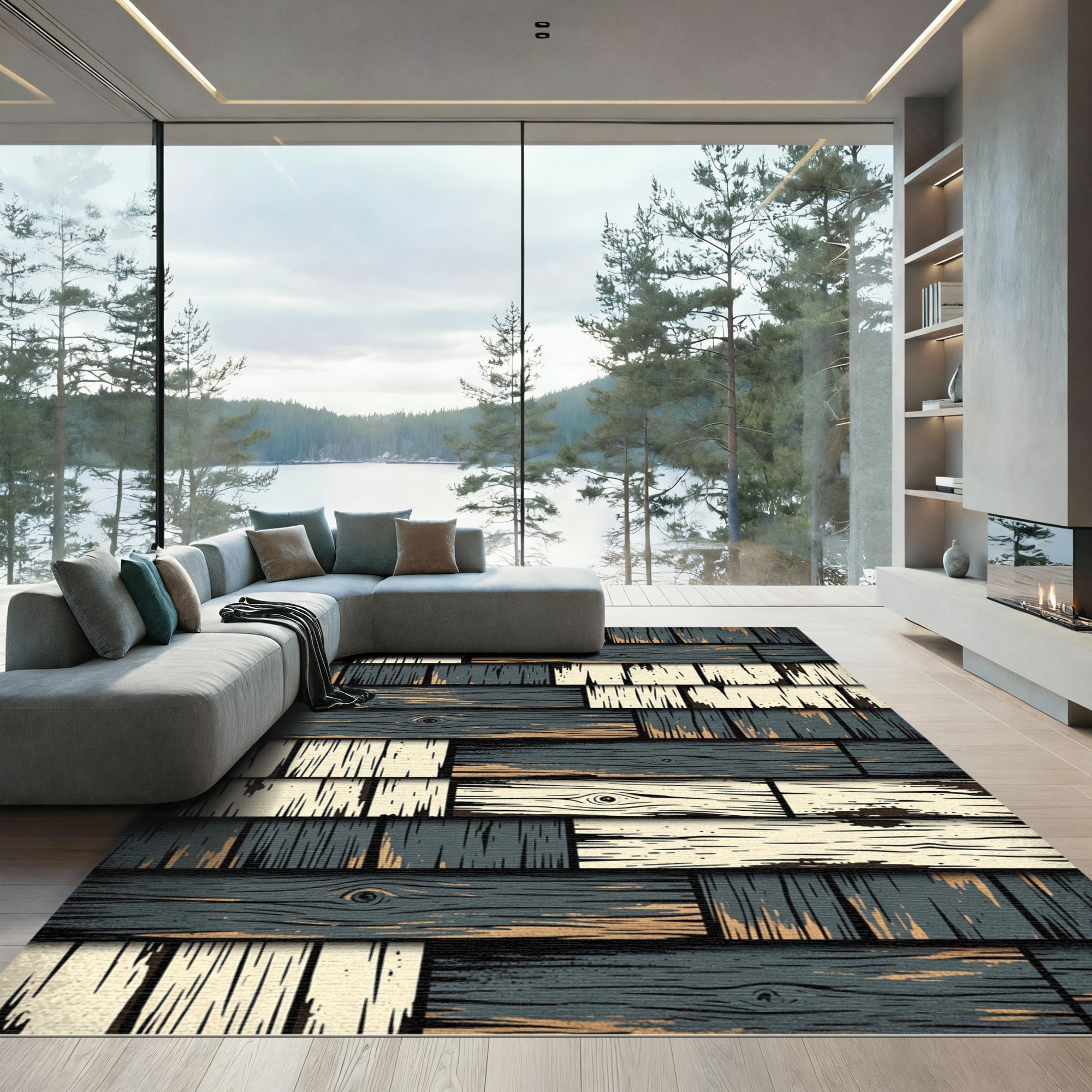 Distressed Wood Panel Shiplap Pattern Rug