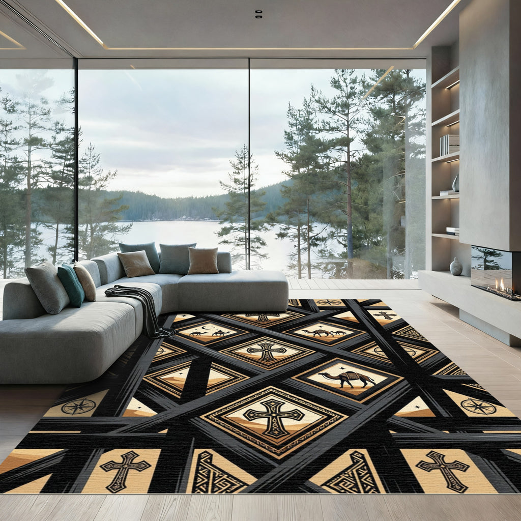 Black and Gold Desert Cross Lattice Rug
