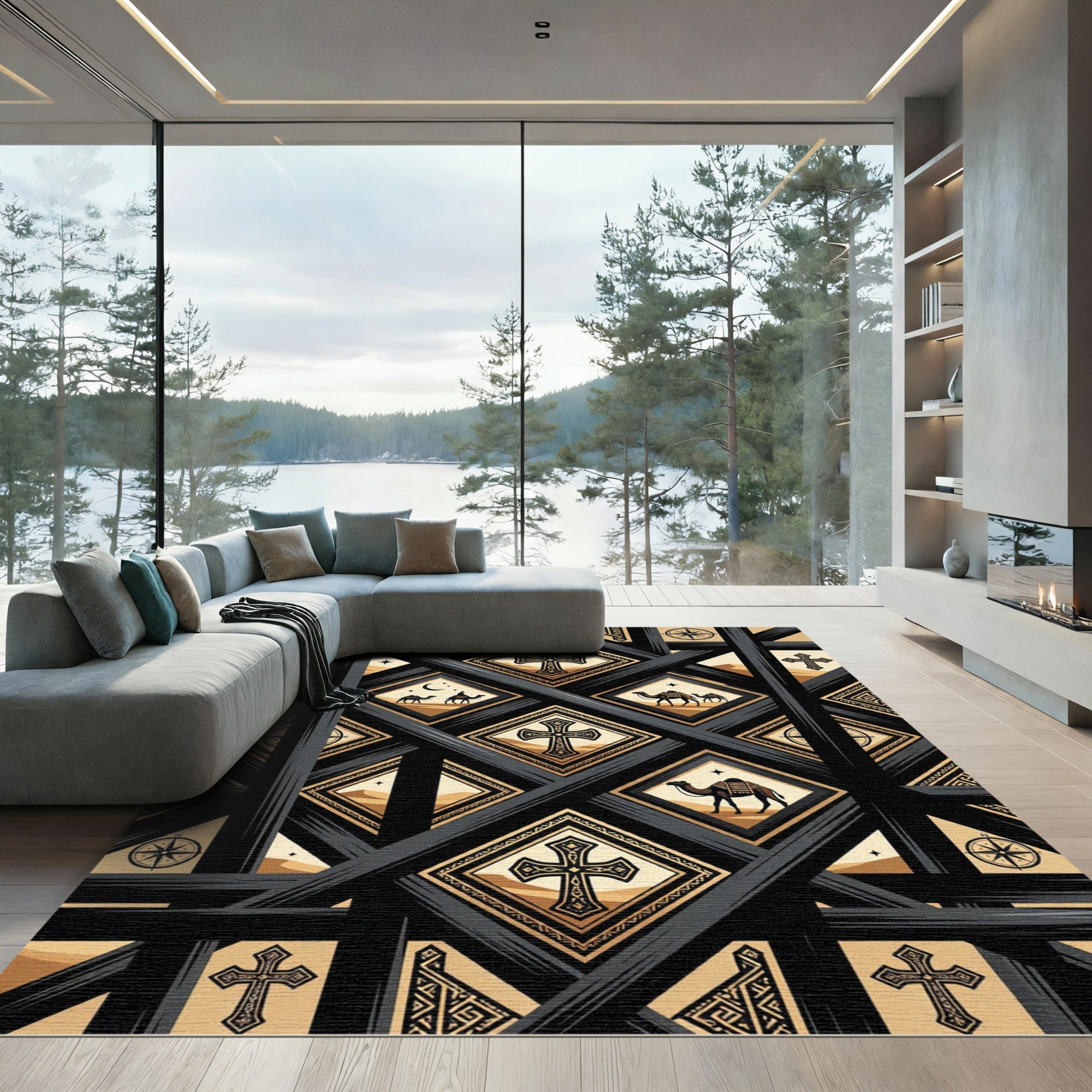 Black and Gold Desert Cross Lattice Rug